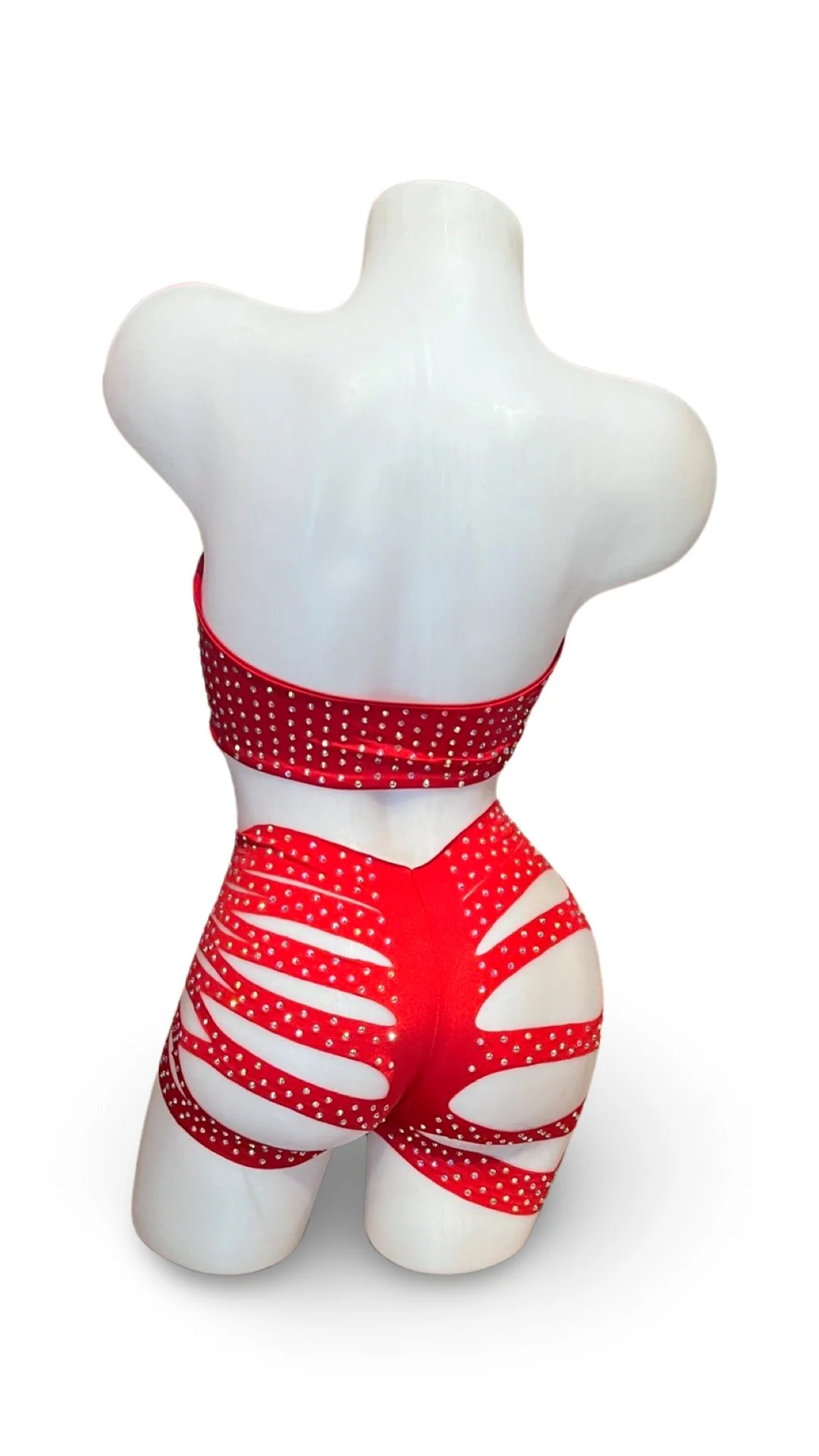 Rhinestone Bandeau Top and Cut Out Short Set Red - Image 2