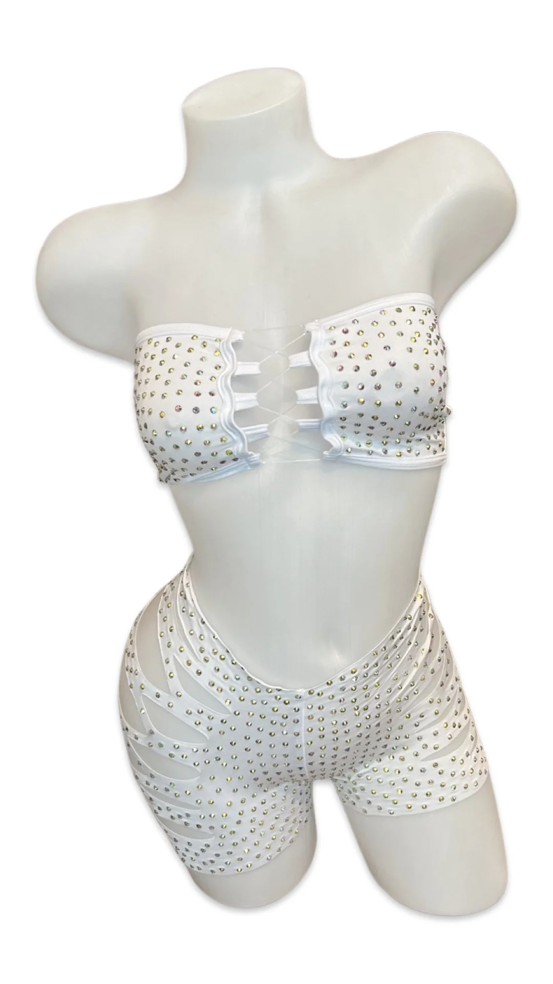 Rhinestone Bandeau Top and Cut Out Short Set White