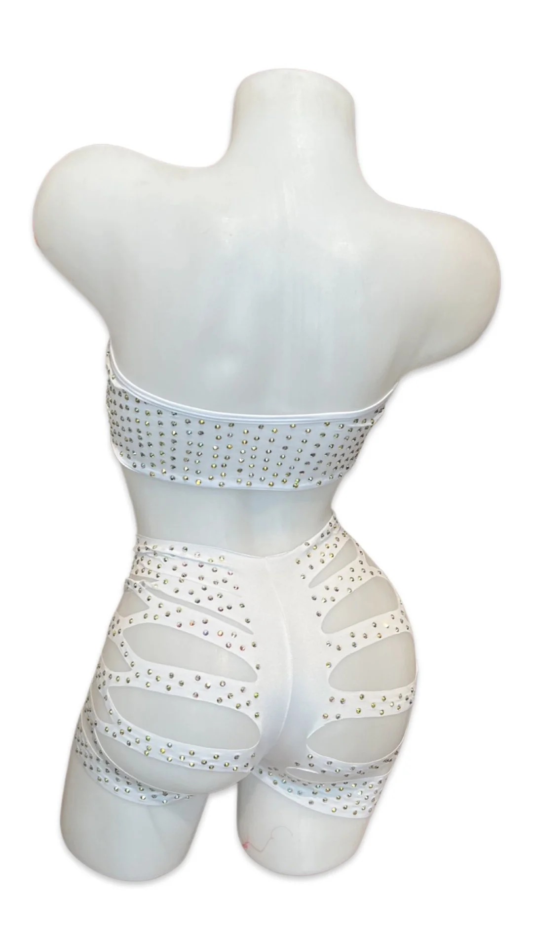 Rhinestone Bandeau Top and Cut Out Short Set White - Image 2