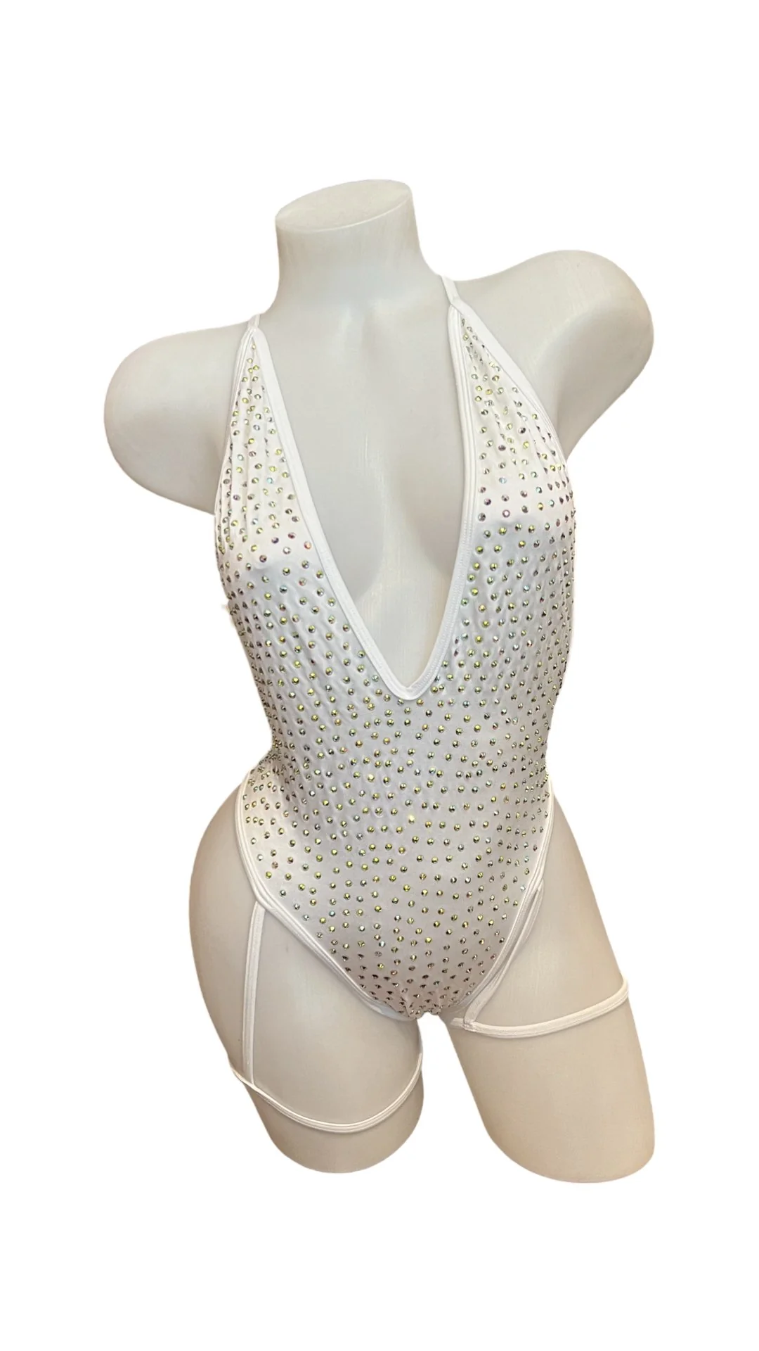 Rhinestone Bodysuit with Garter White