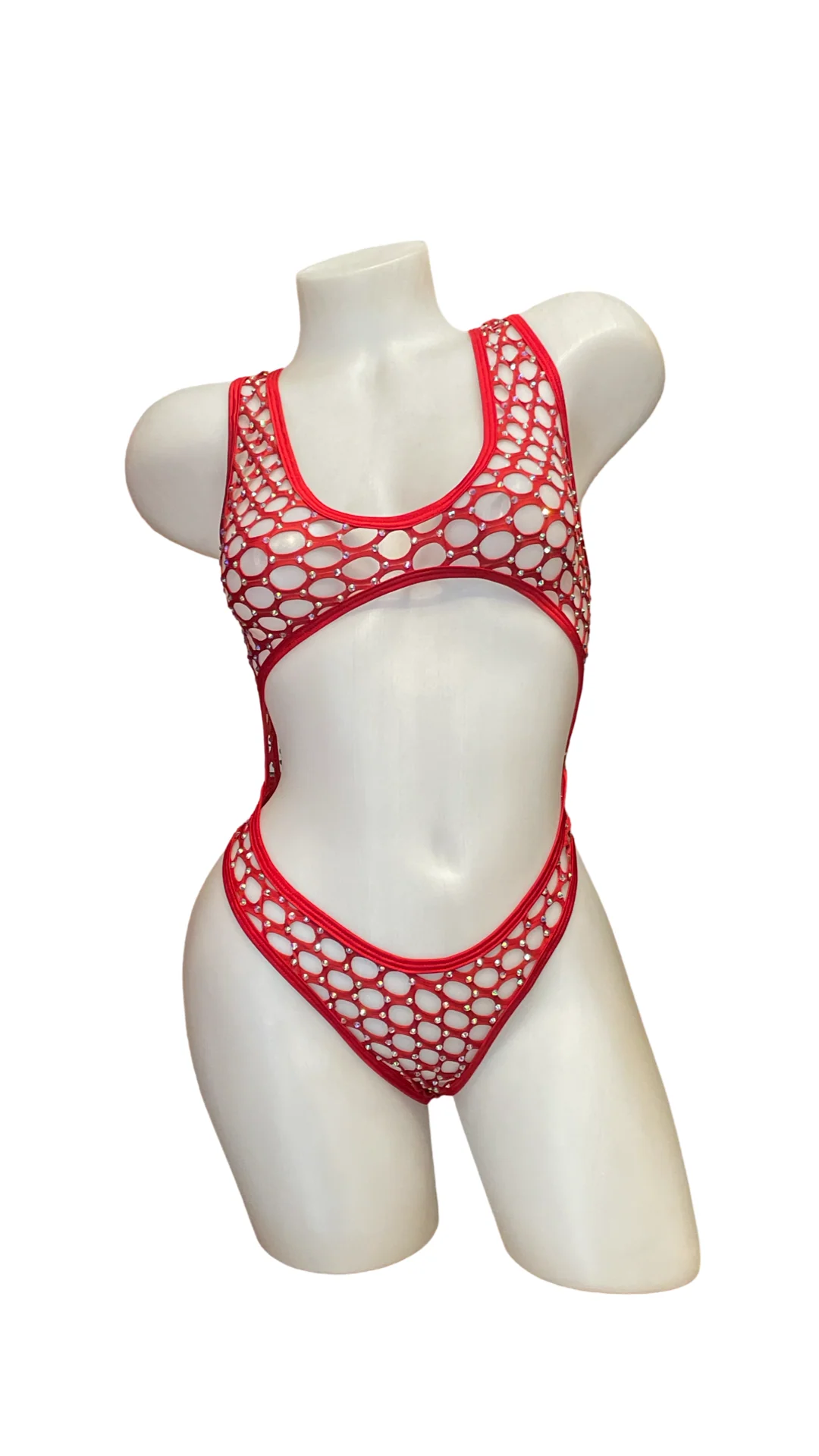Rhinestone Bralette One Piece Pot Hole Red