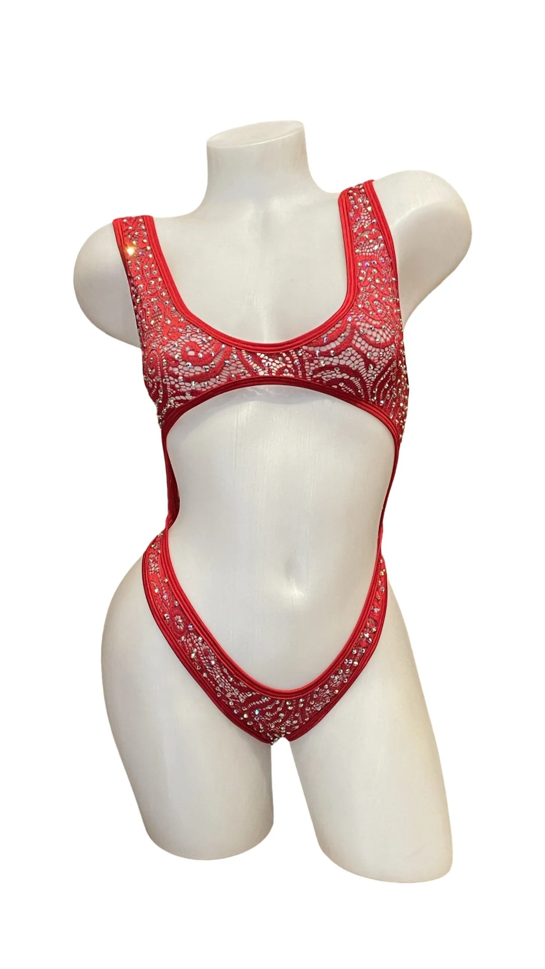 Rhinestone Fishnet Bandeau One Piece Red