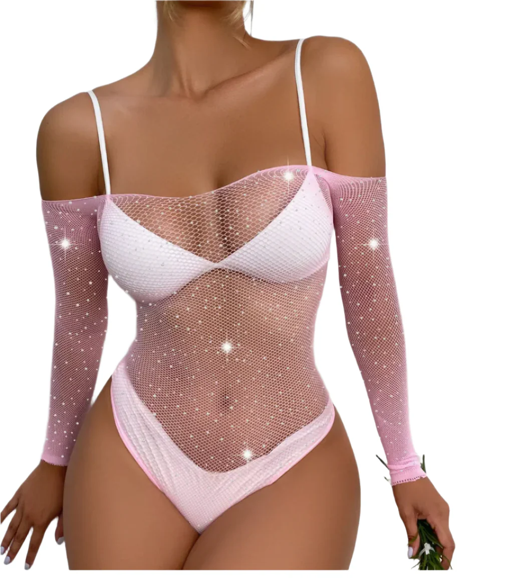 Rhinestone Fishnet Sleeved Teddy Lingerie Baby Pink