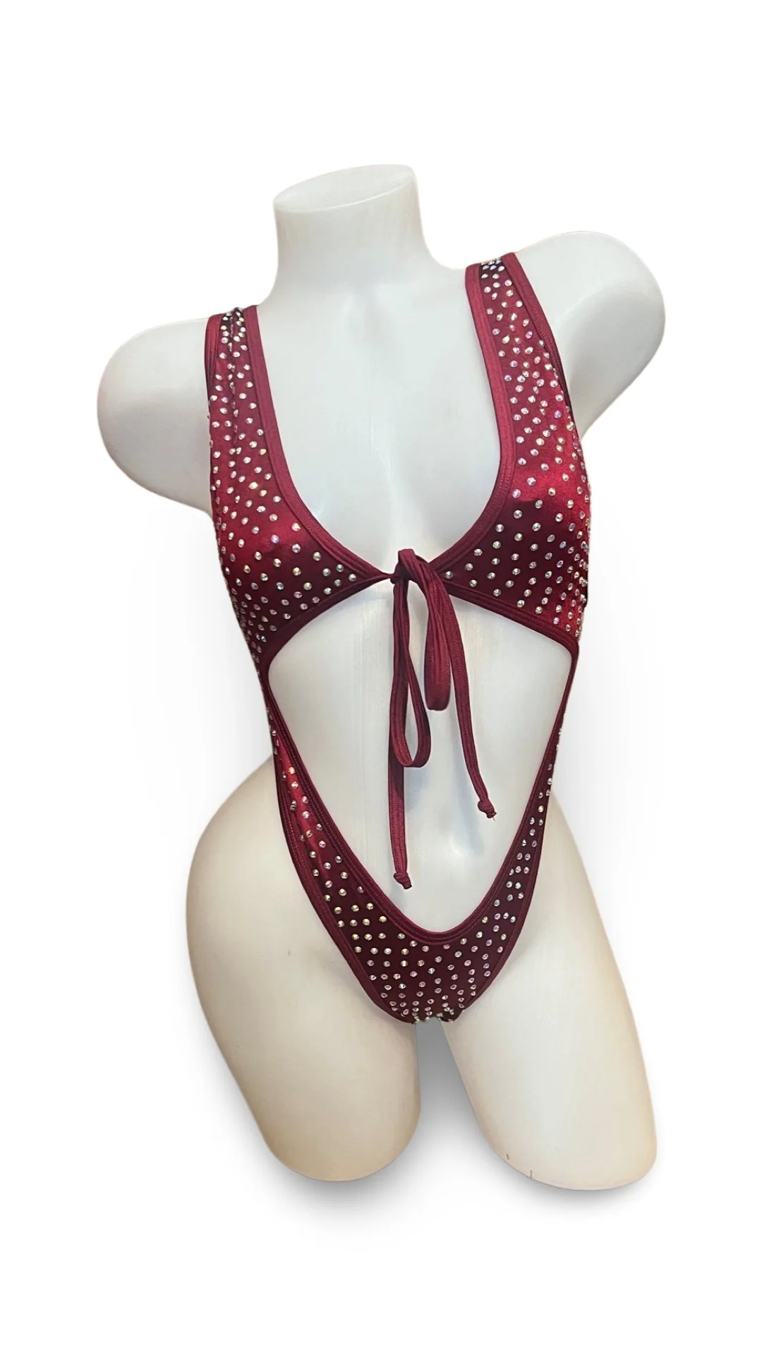 Rhinestone Front Tie One Piece Burgundy