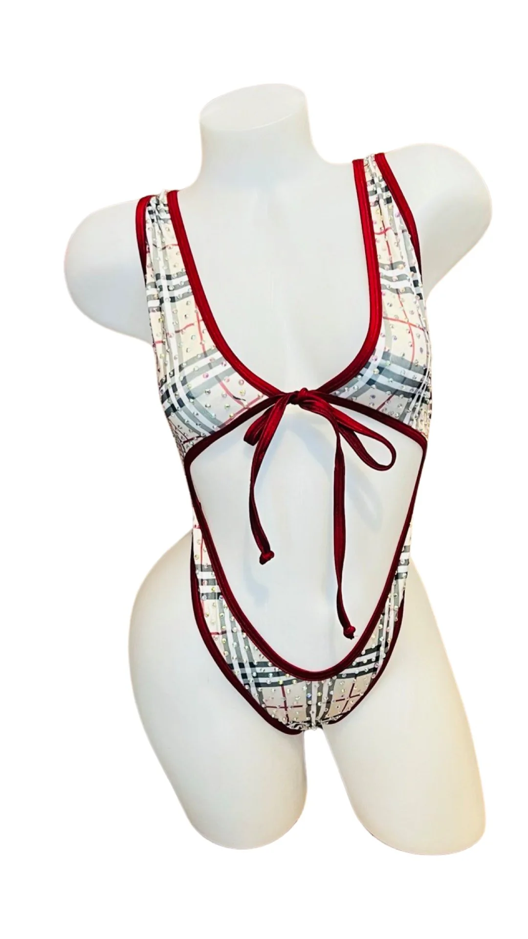 Rhinestone Front Tie One Piece Design - Red/Beige - Image 2