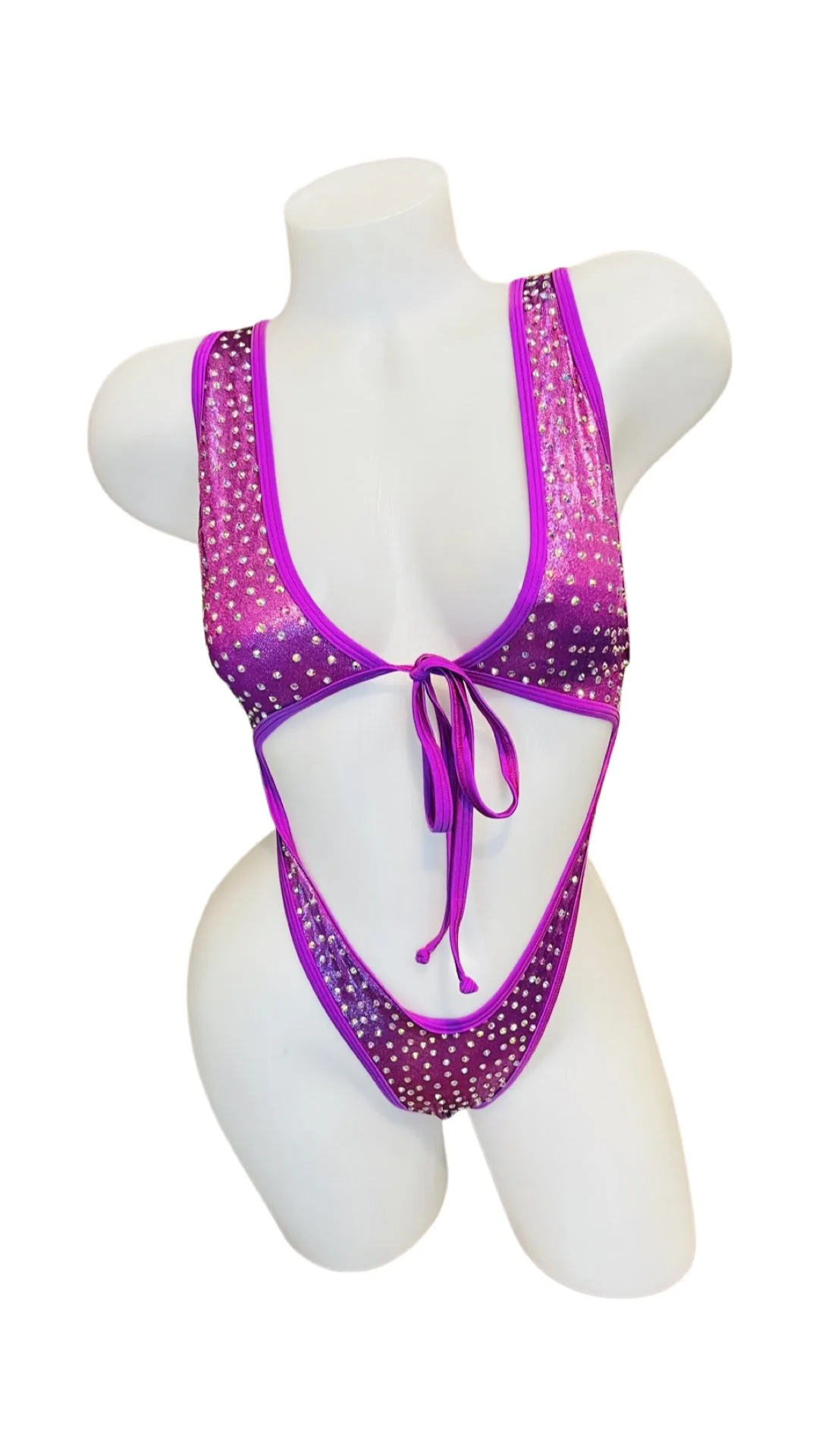 Rhinestone Front Tie One Piece Metallic Purple