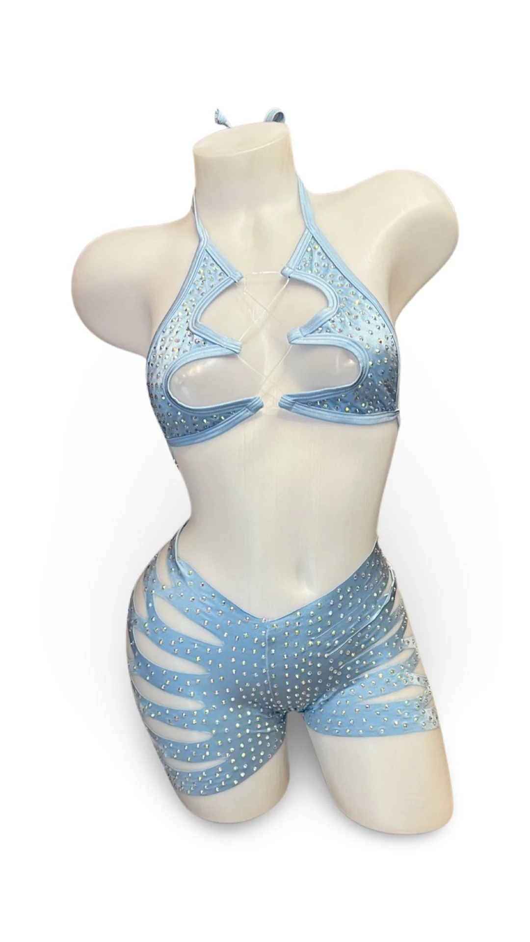Rhinestone Halter Top and Cut Out Short Set Baby Blue