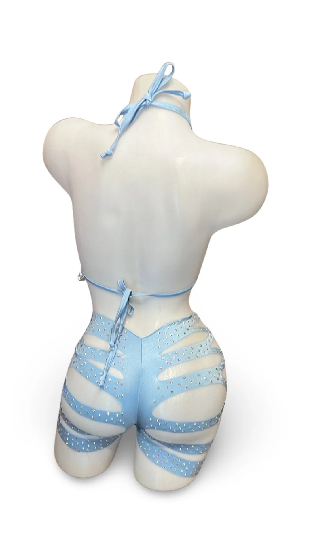 Rhinestone Halter Top and Cut Out Short Set Baby Blue - Image 2