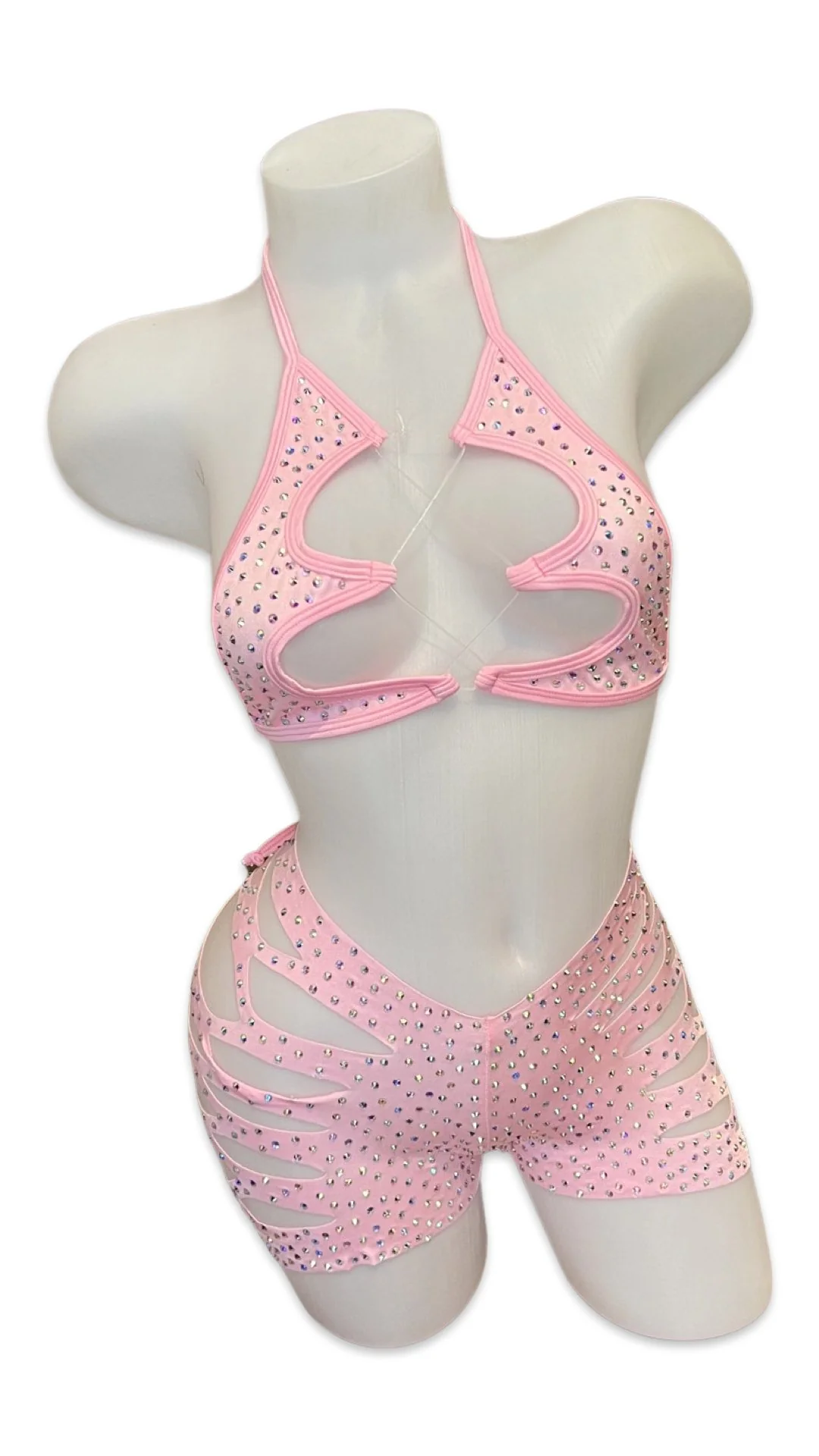 Rhinestone Halter Top and Cut Out Short Set Baby Pink