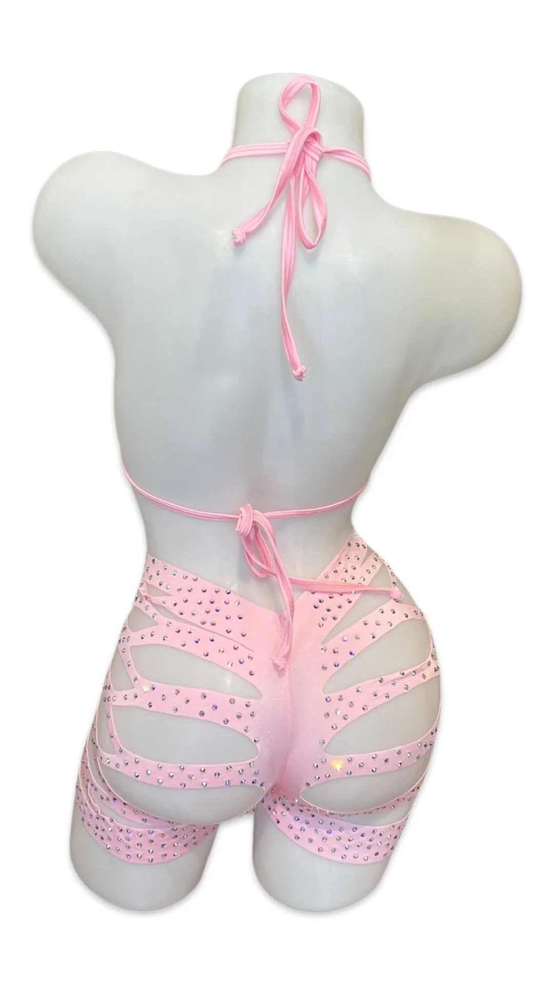 Rhinestone Halter Top and Cut Out Short Set Baby Pink - Image 2