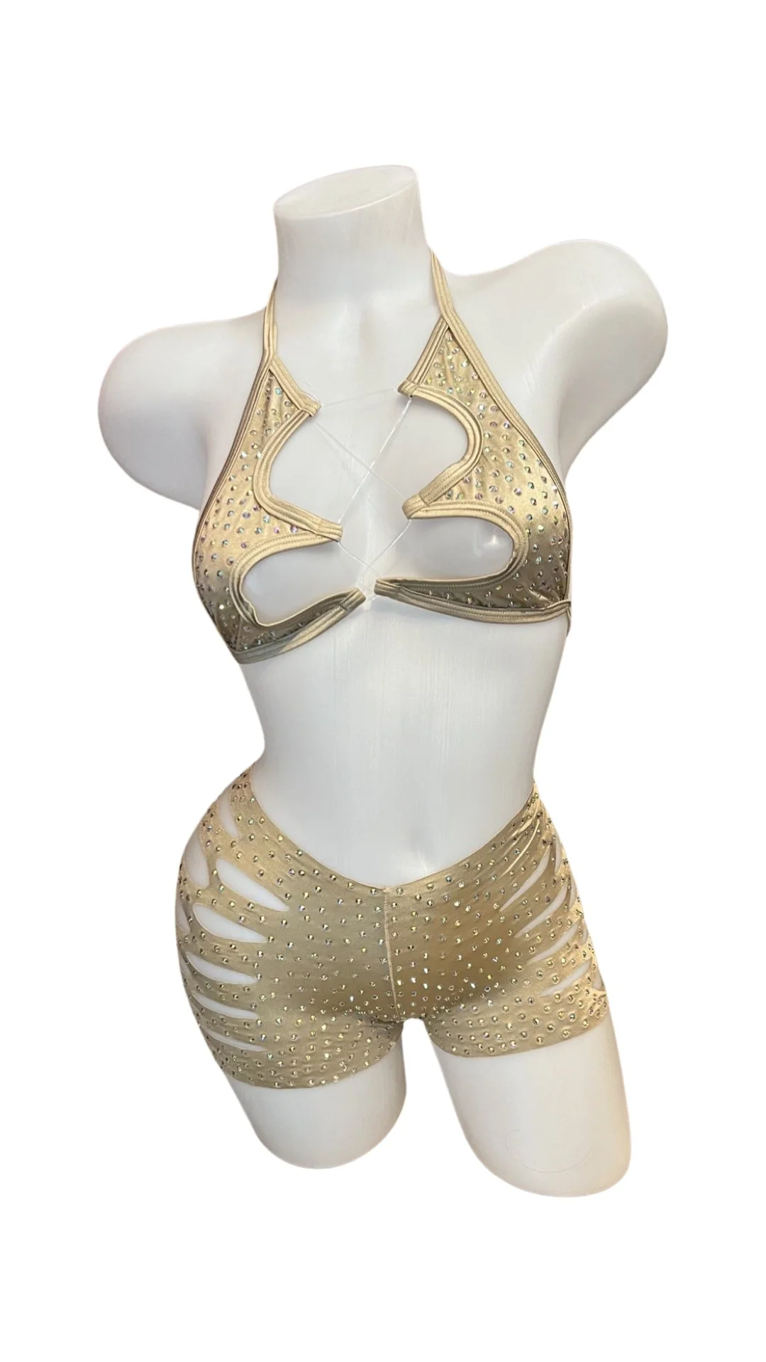 Rhinestone Halter Top and Cut Out Short Set Champagne