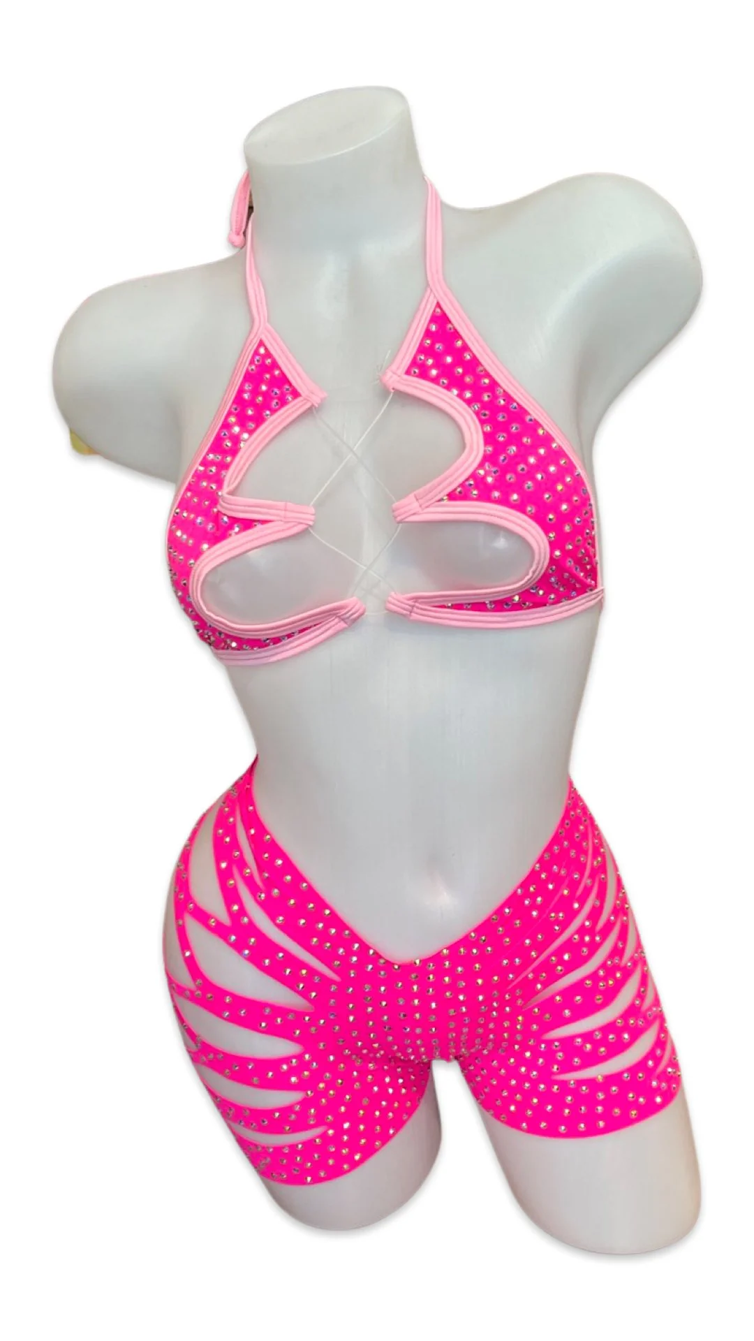 Rhinestone Halter Top and Cut Out Short Set Hot/Light Pink