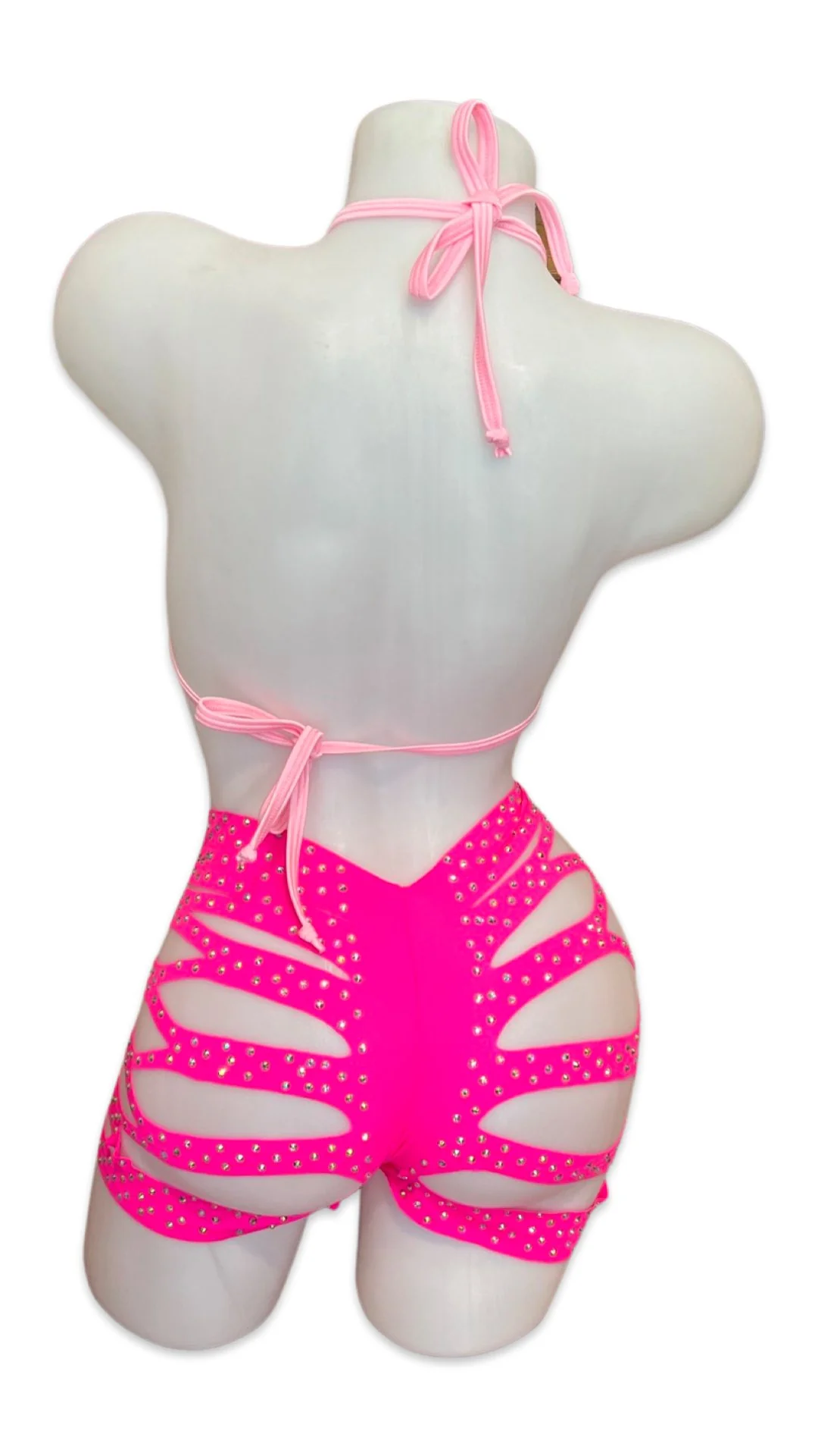 Rhinestone Halter Top and Cut Out Short Set Hot/Light Pink - Image 2