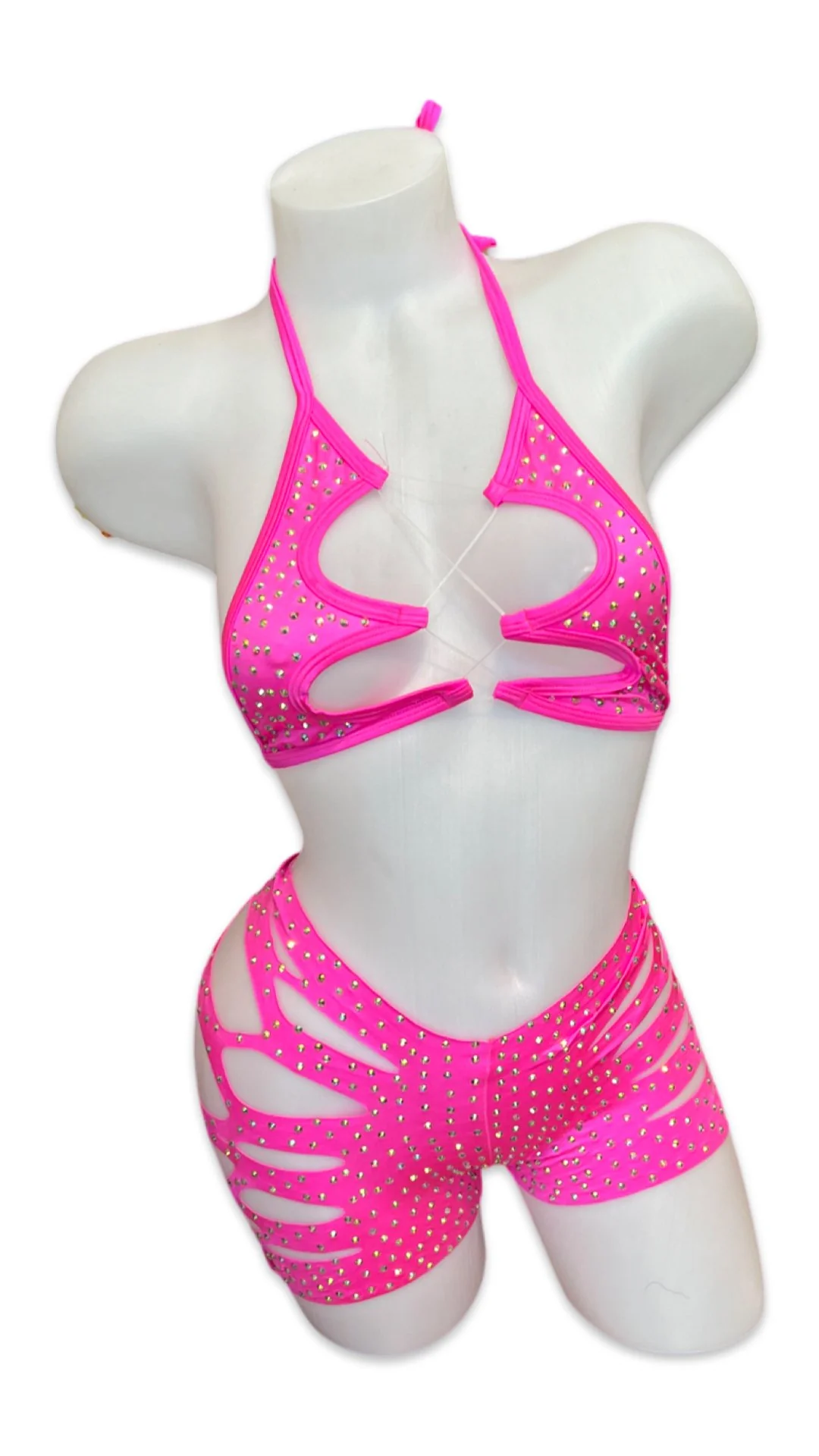 Rhinestone Halter Top and Cut Out Short Set Hot PInk