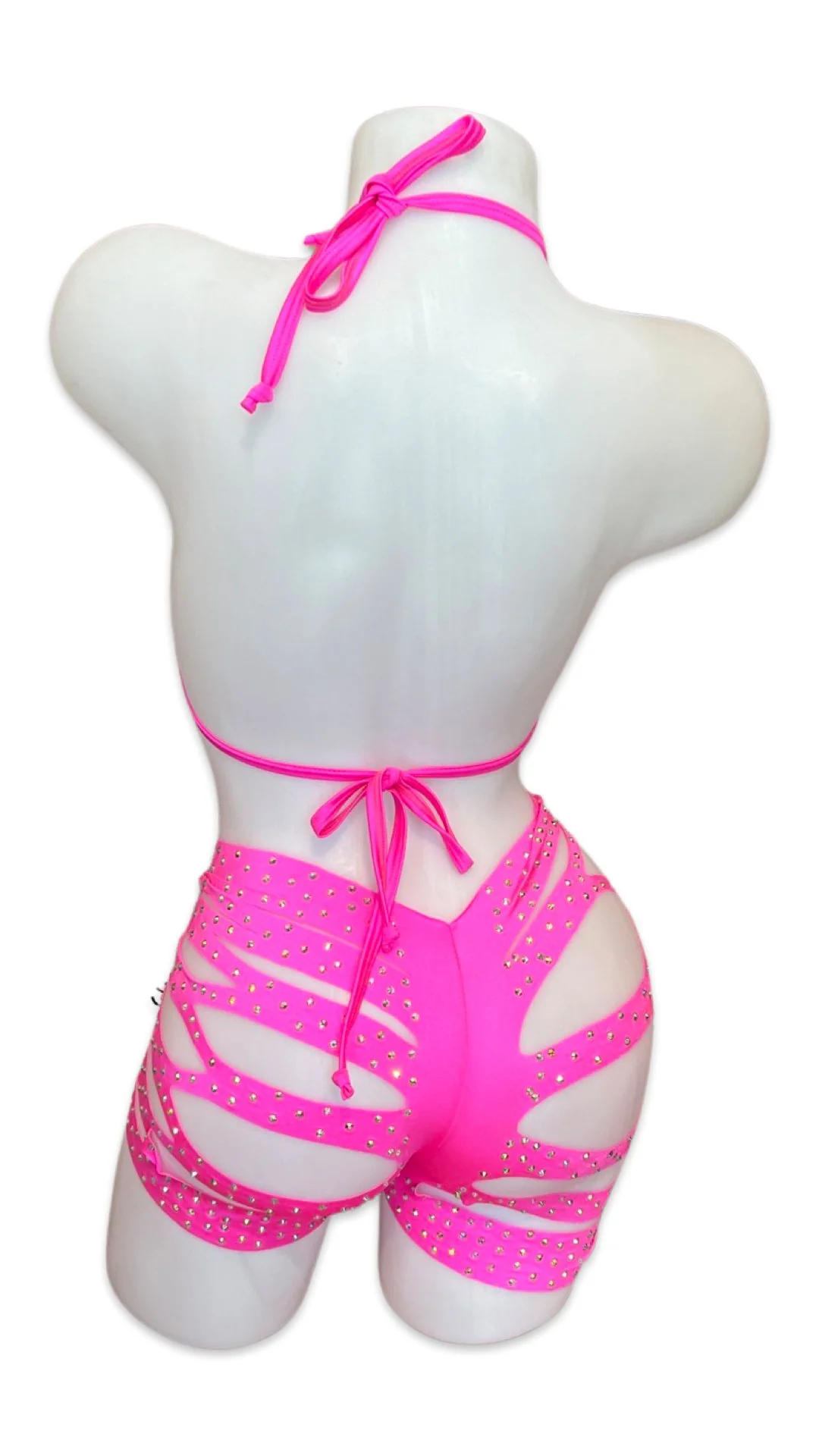 Rhinestone Halter Top and Cut Out Short Set Hot PInk - Image 2