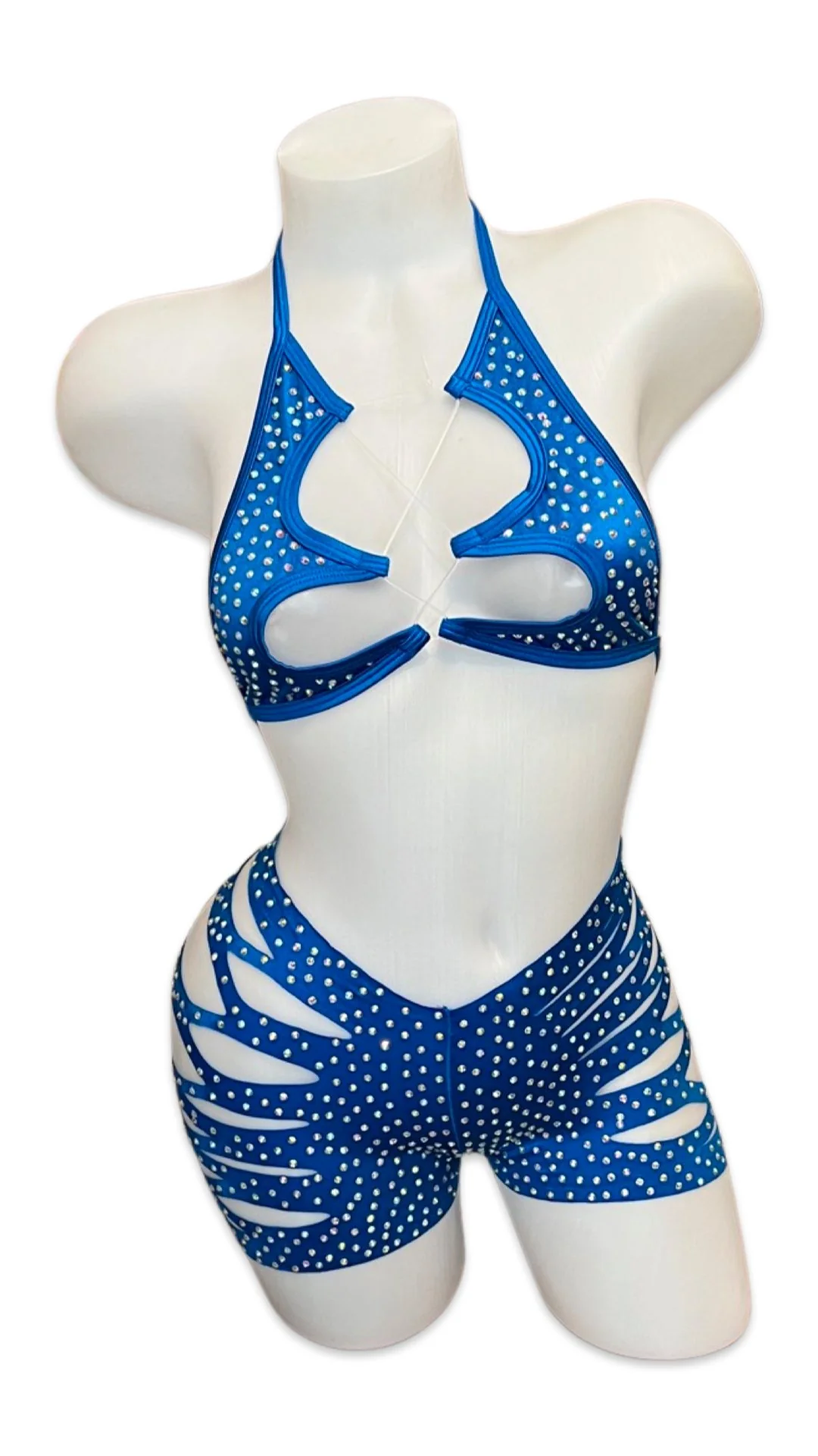 Rhinestone Halter Top and Cut Out Short Set Royal Blue