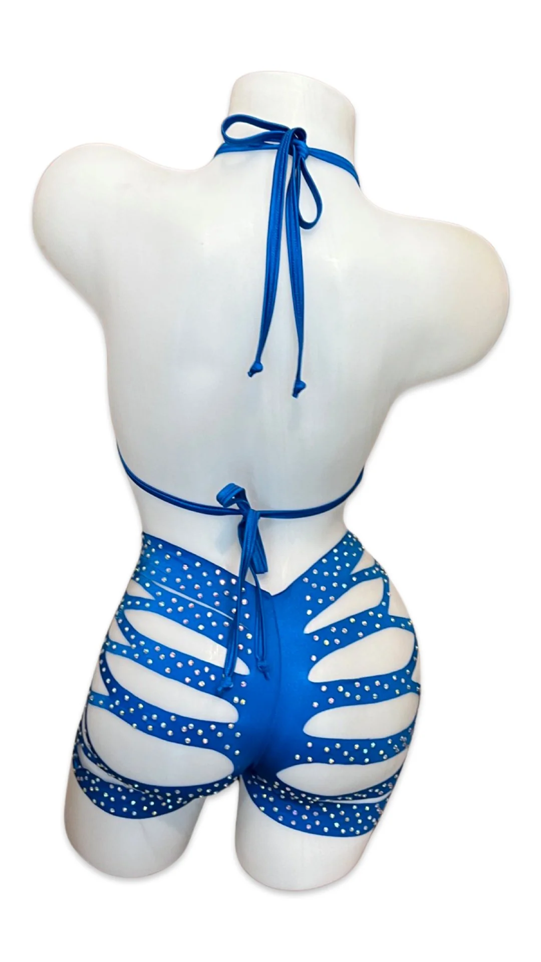 Rhinestone Halter Top and Cut Out Short Set Royal Blue - Image 2