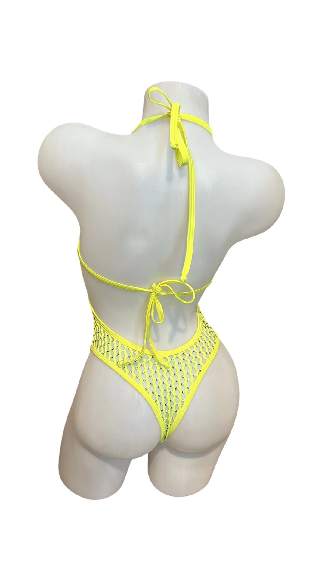 Rhinestone High Waist Front Cutout One Piece Neon Yellow - Image 2