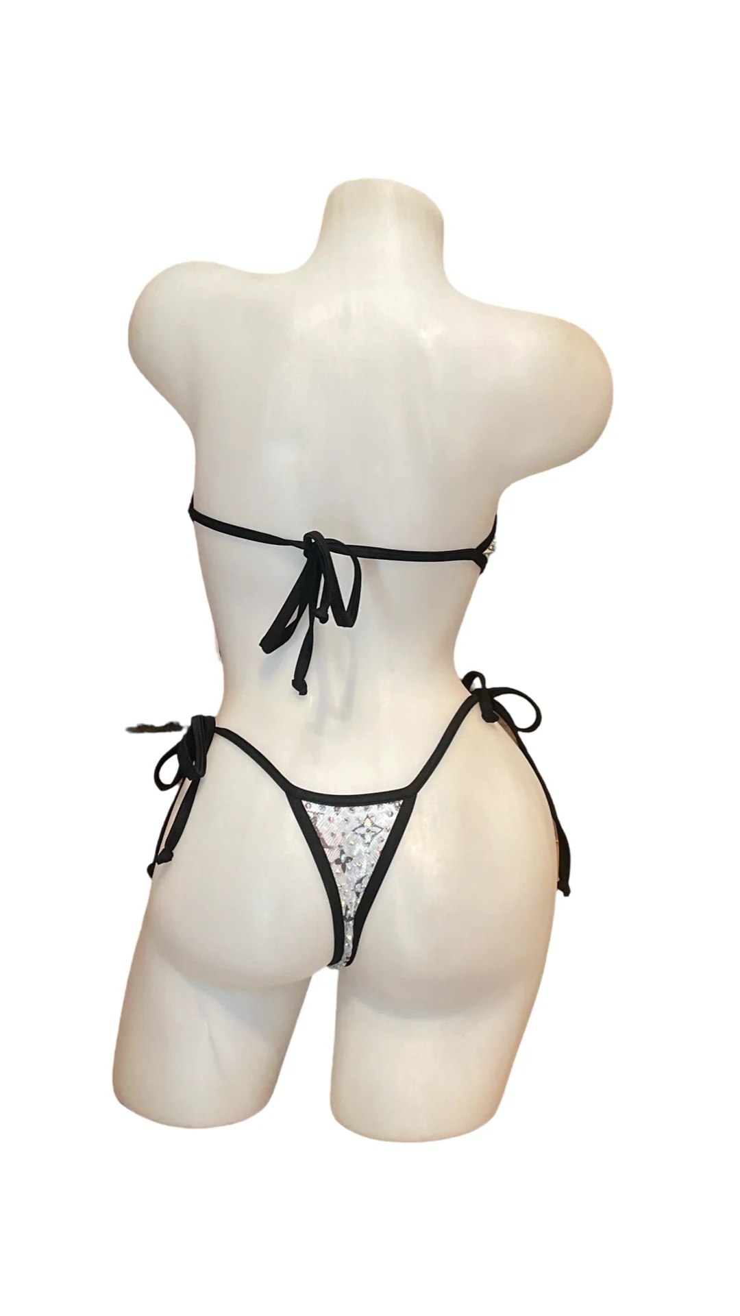 Rhinestone Tie Bandeau Bikini Black/Silver Design - Image 2