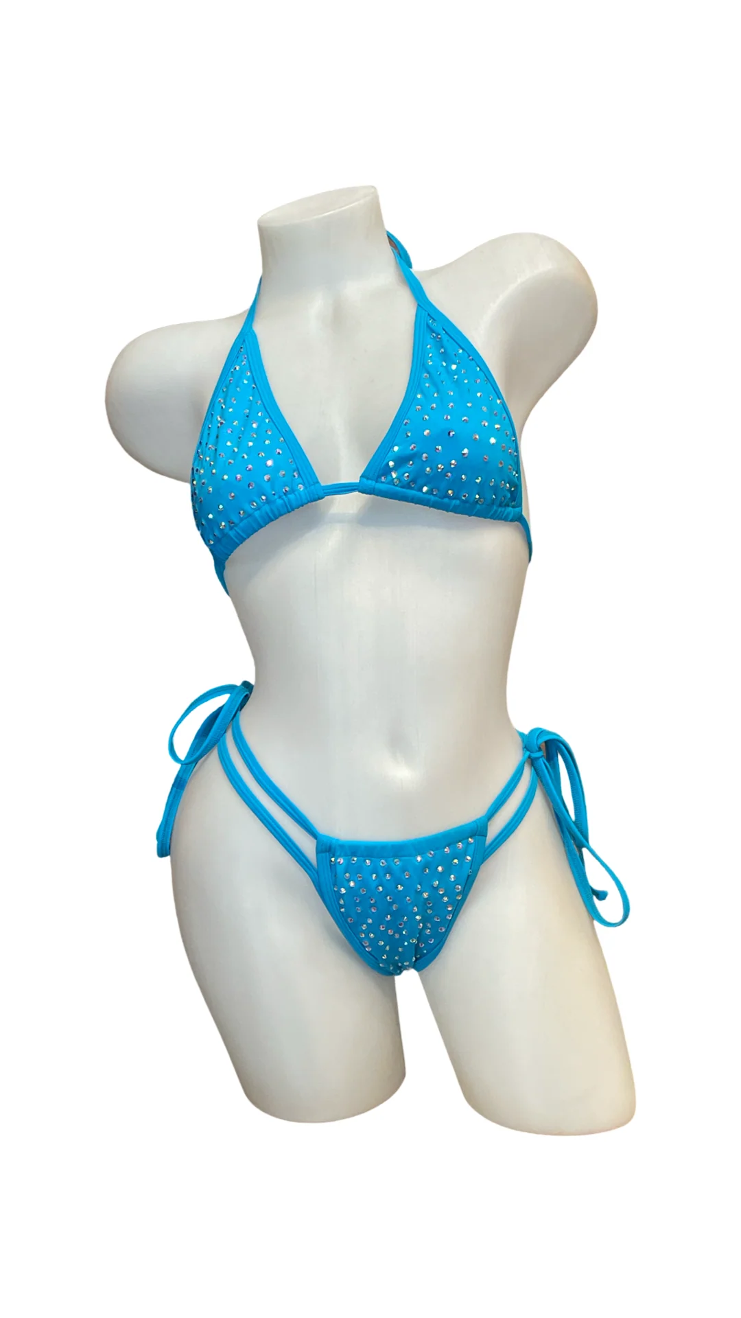 Rhinestone Tie Bottom Bikini Aqua