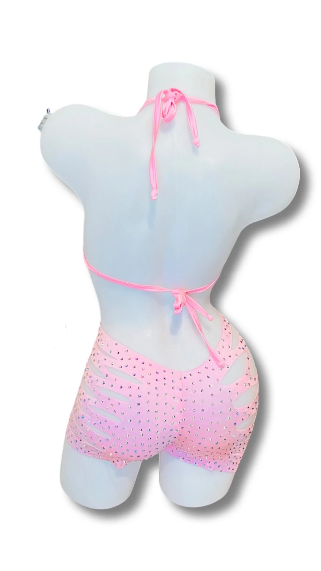 Rhinestone Triangle Top and Cut Out Short Set Baby Pink - Image 2