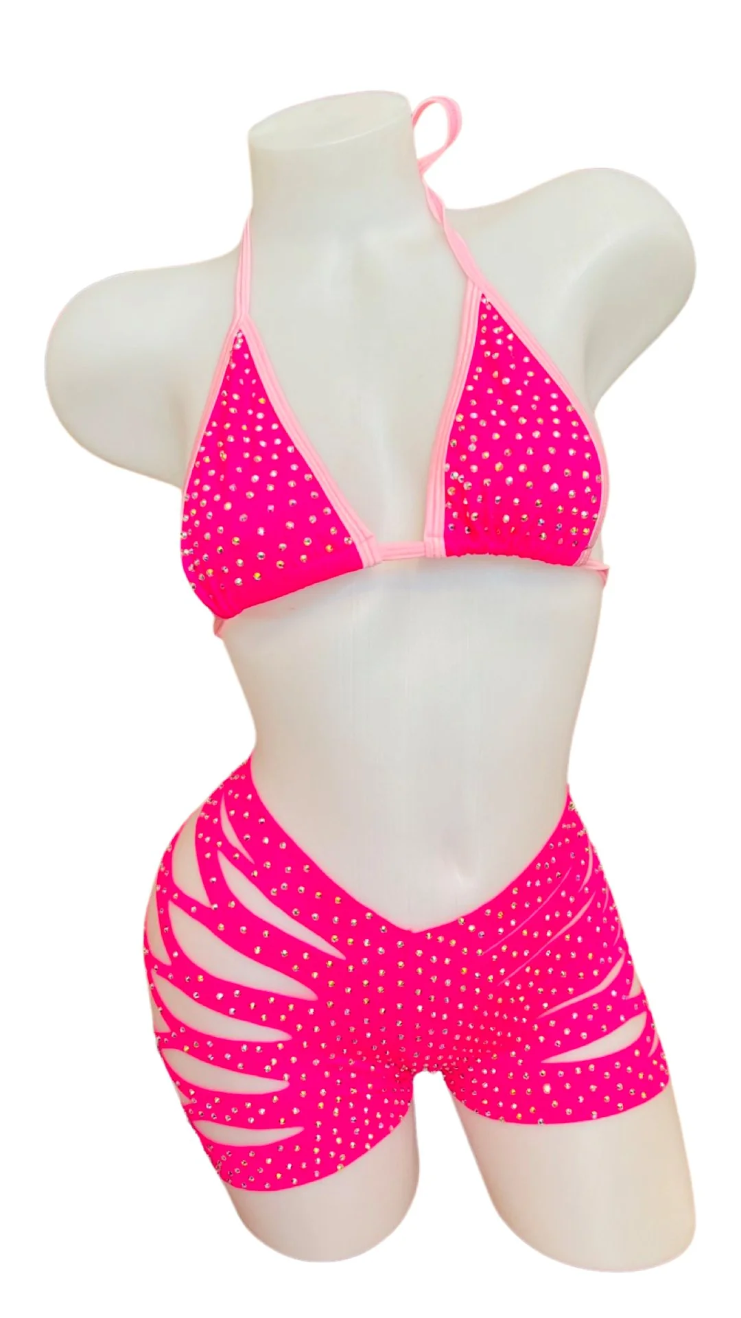 Rhinestone Triangle Top and Cut Out Short Set Baby Pink/Hot Pink