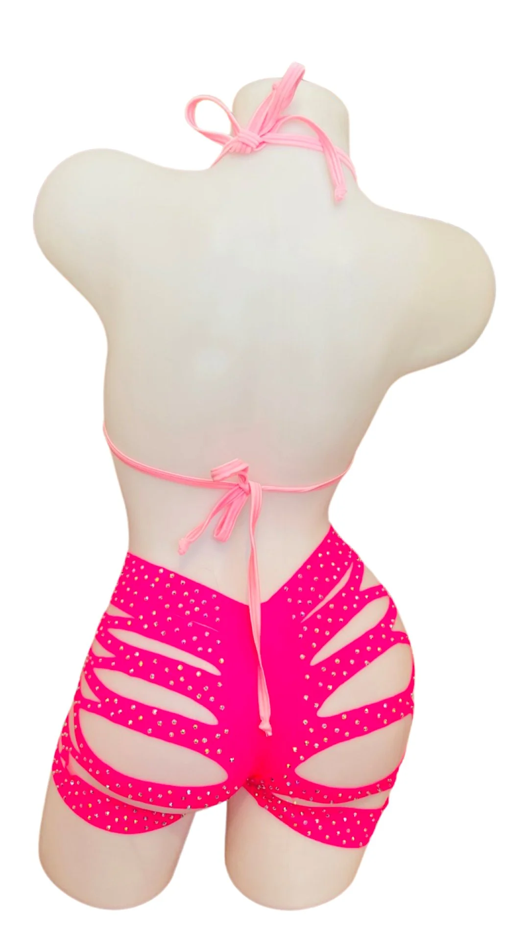 Rhinestone Triangle Top and Cut Out Short Set Baby Pink/Hot Pink - Image 2