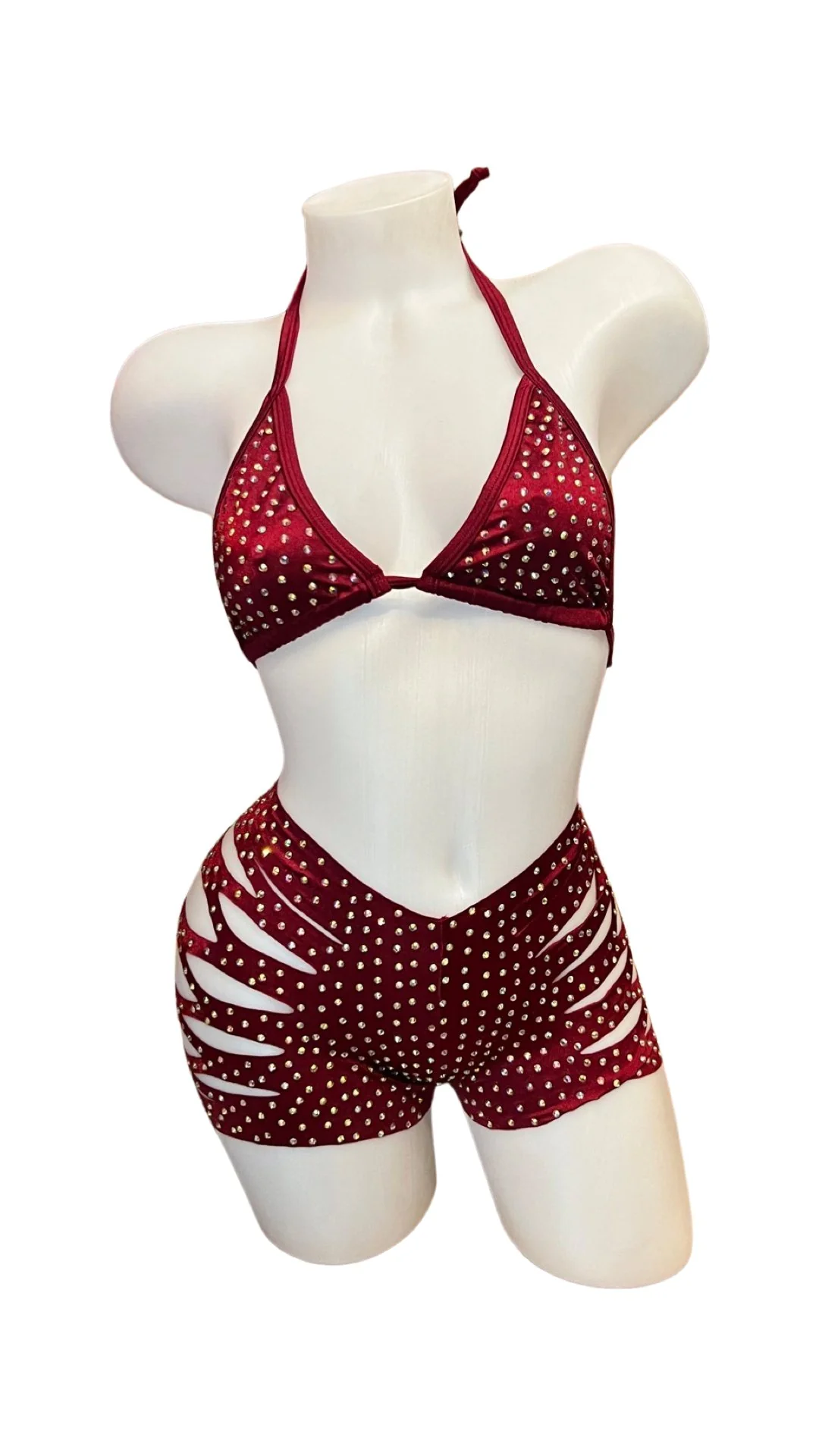 Rhinestone Triangle Top and Cut Out Short Set Burgundy