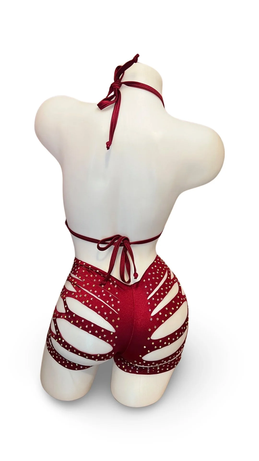 Rhinestone Triangle Top and Cut Out Short Set Burgundy - Image 2