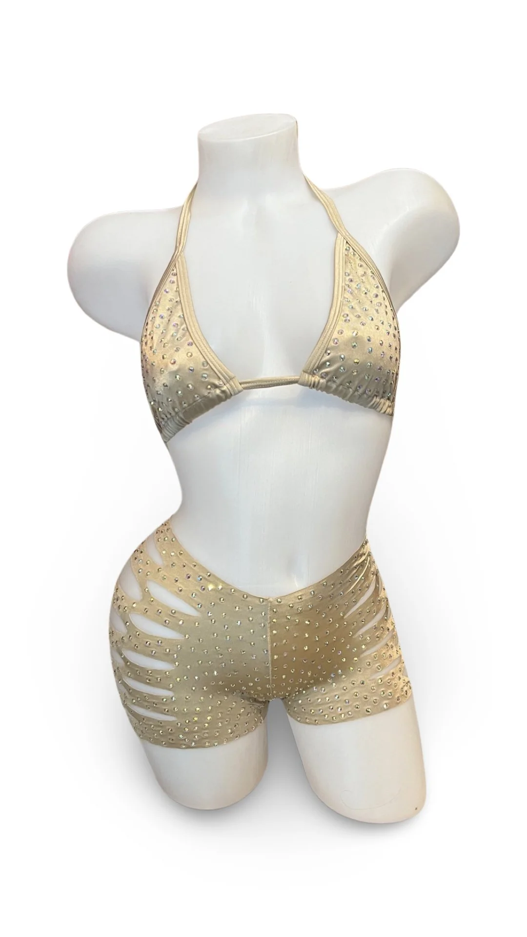 Rhinestone Triangle Top and Cut Out Short Set Champagne