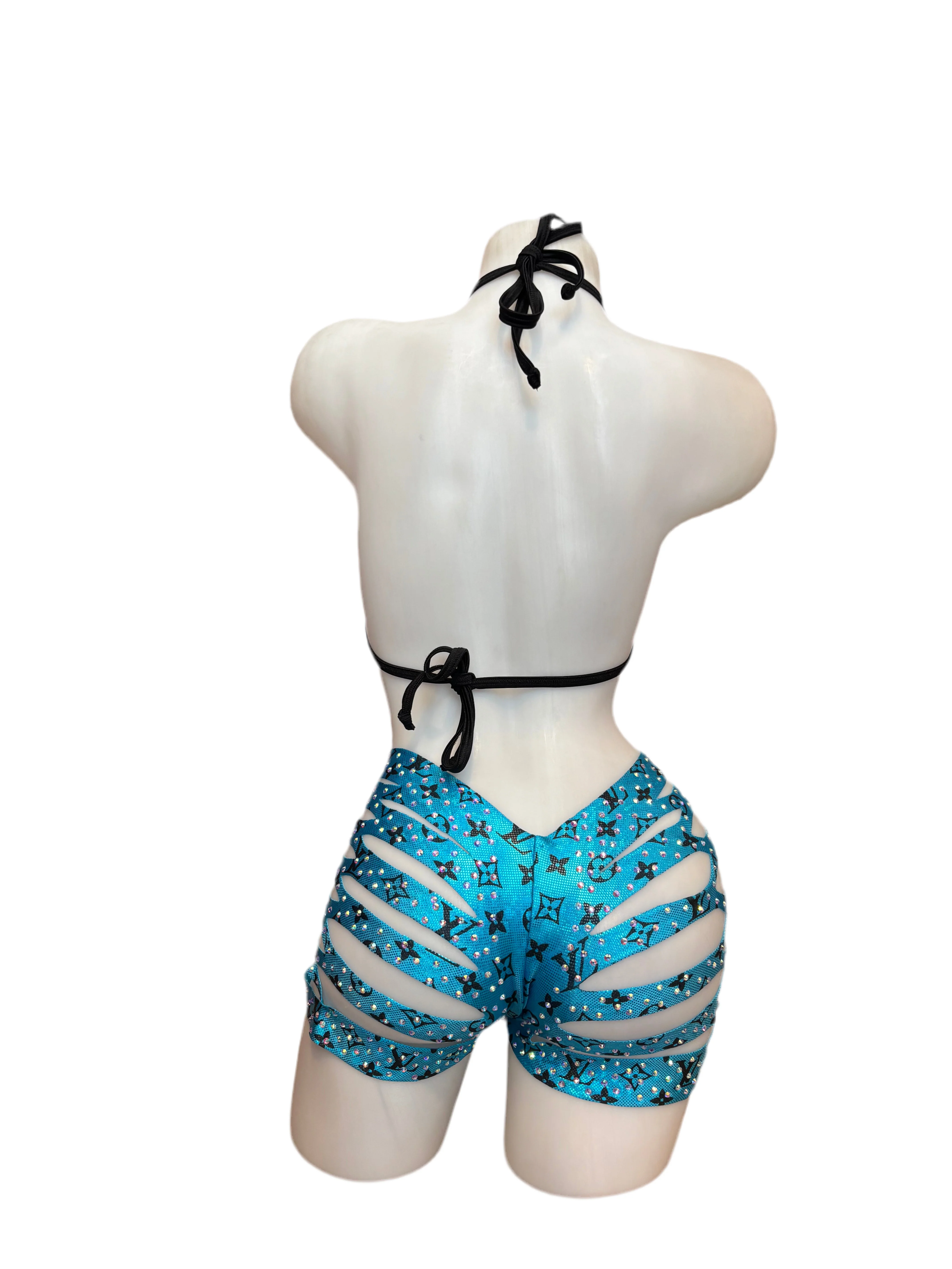 Rhinestone Triangle Top and Cut Out Short Set Designer Metallic Blue - Image 2