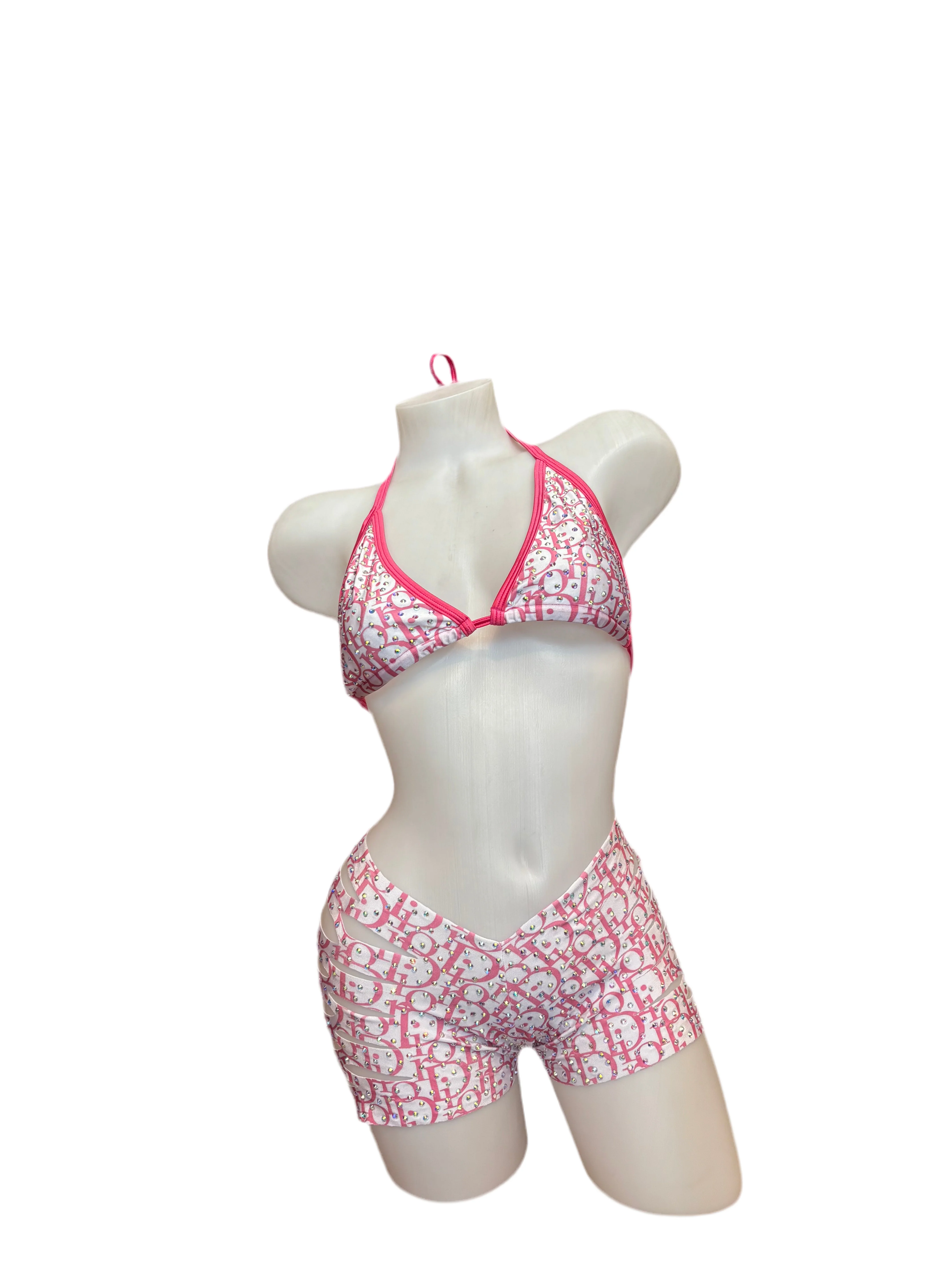 Rhinestone Triangle Top and Cut Out Short Set Designer Pink/White
