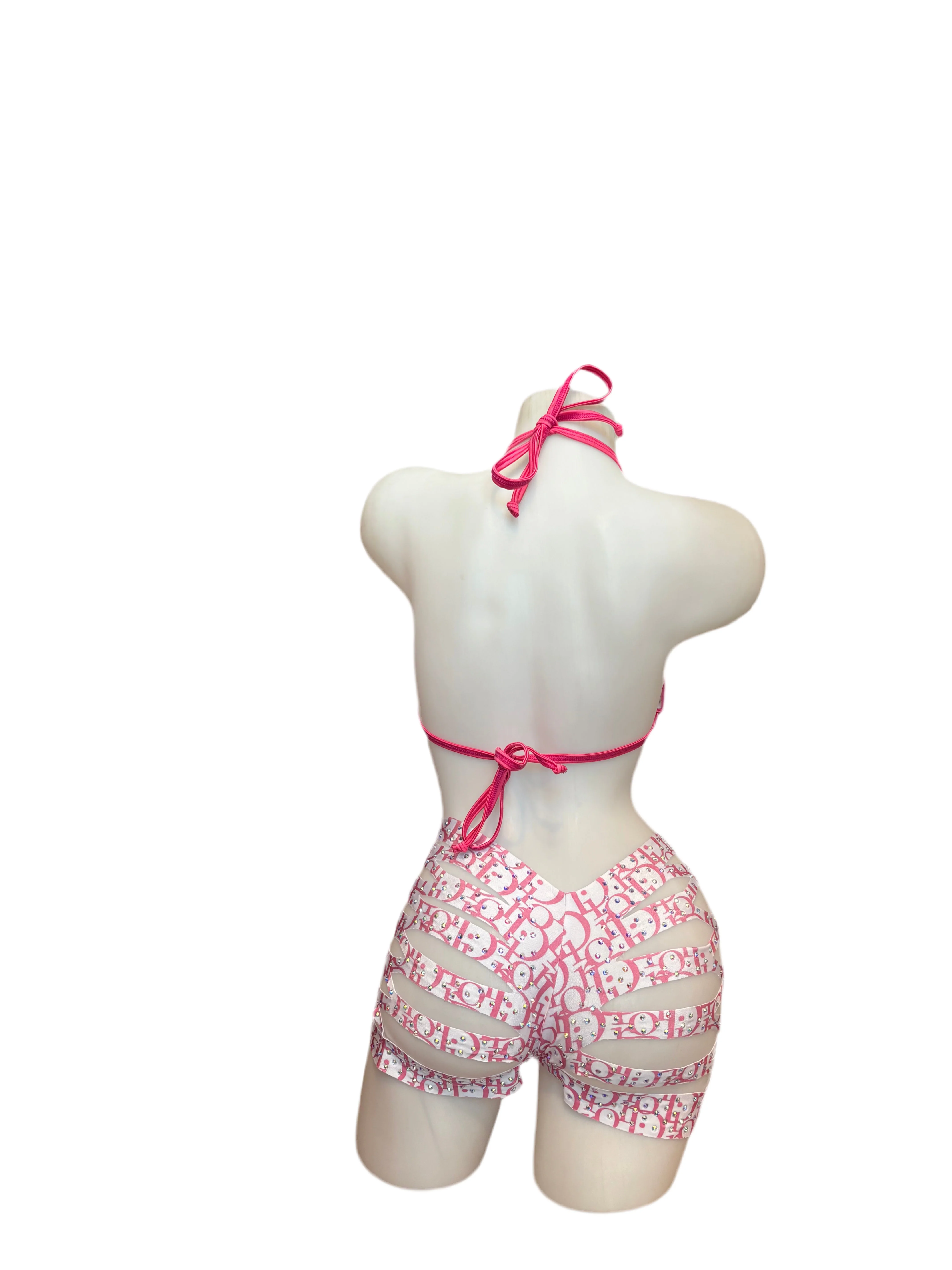 Rhinestone Triangle Top and Cut Out Short Set Designer Pink/White - Image 2