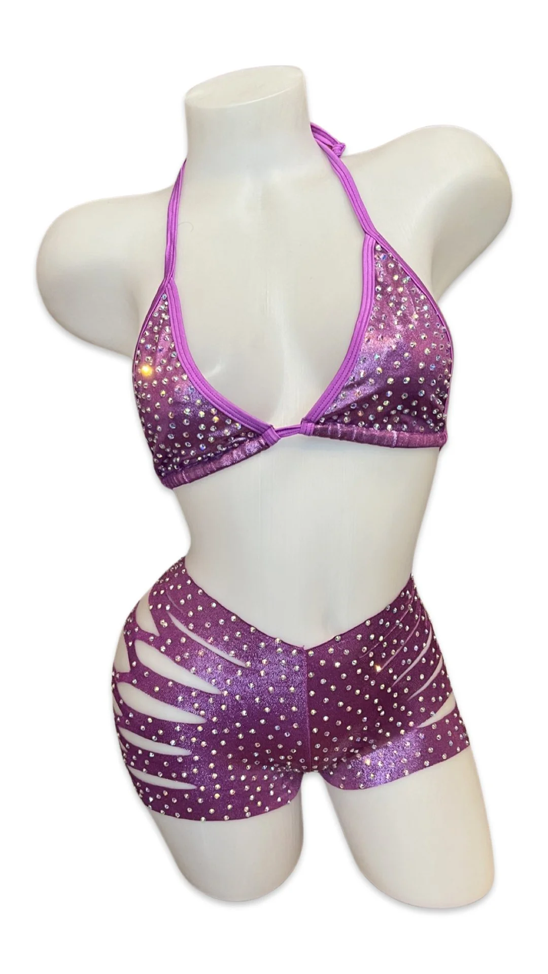 Rhinestone Triangle Top and Cut Out Short Set Metallic Purple