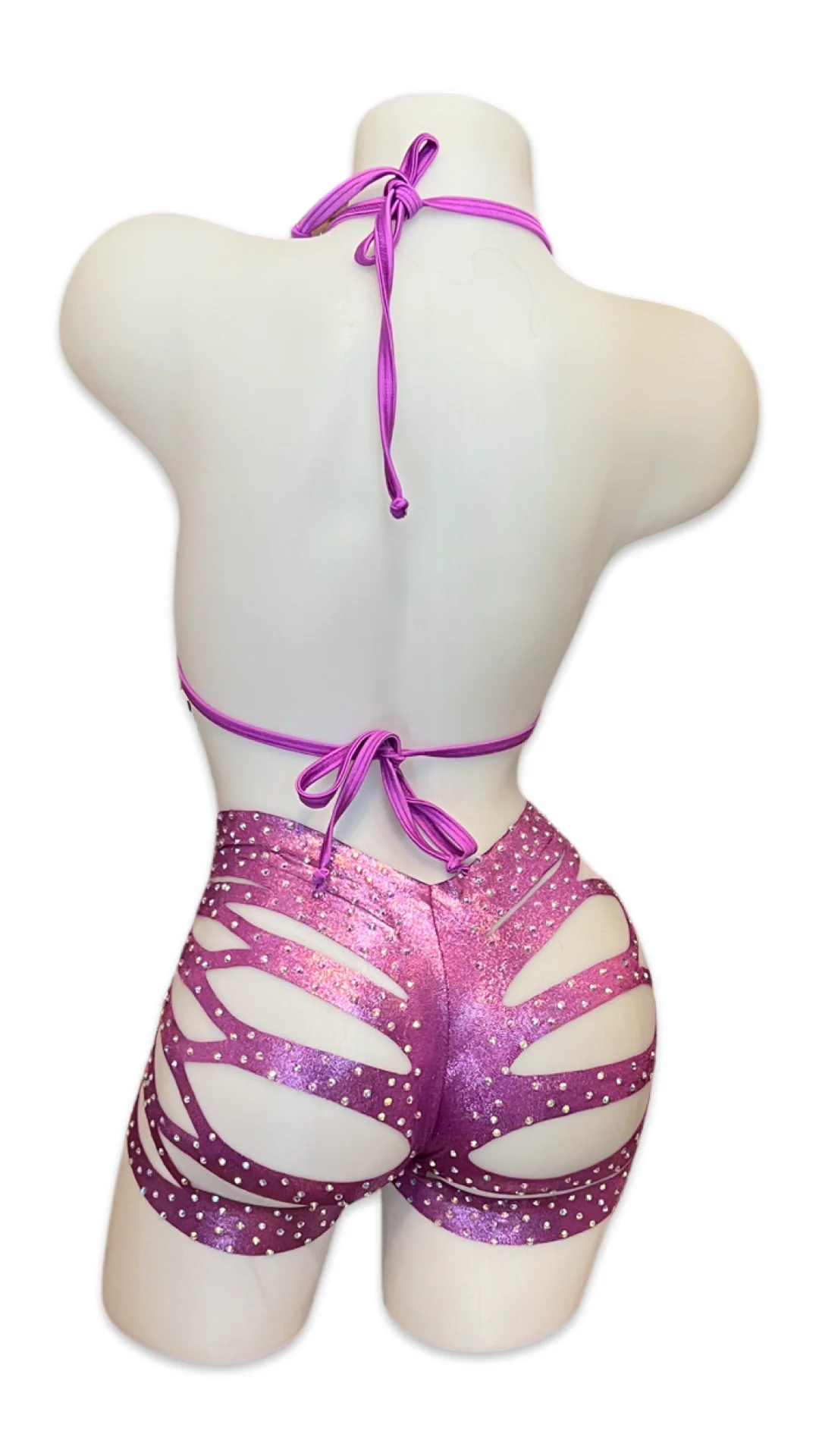 Rhinestone Triangle Top and Cut Out Short Set Metallic Purple - Image 2