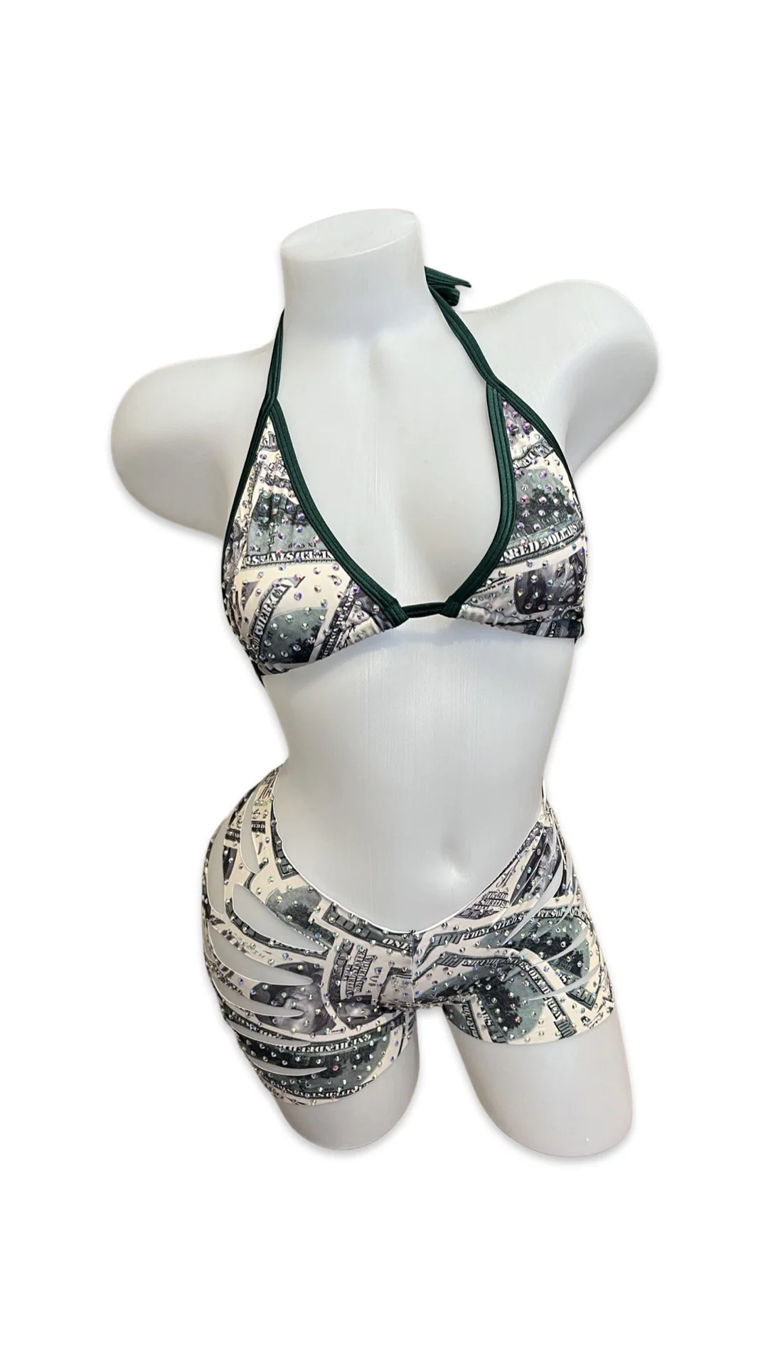 Rhinestone Triangle Top and Cut Out Shorts Set Money Print