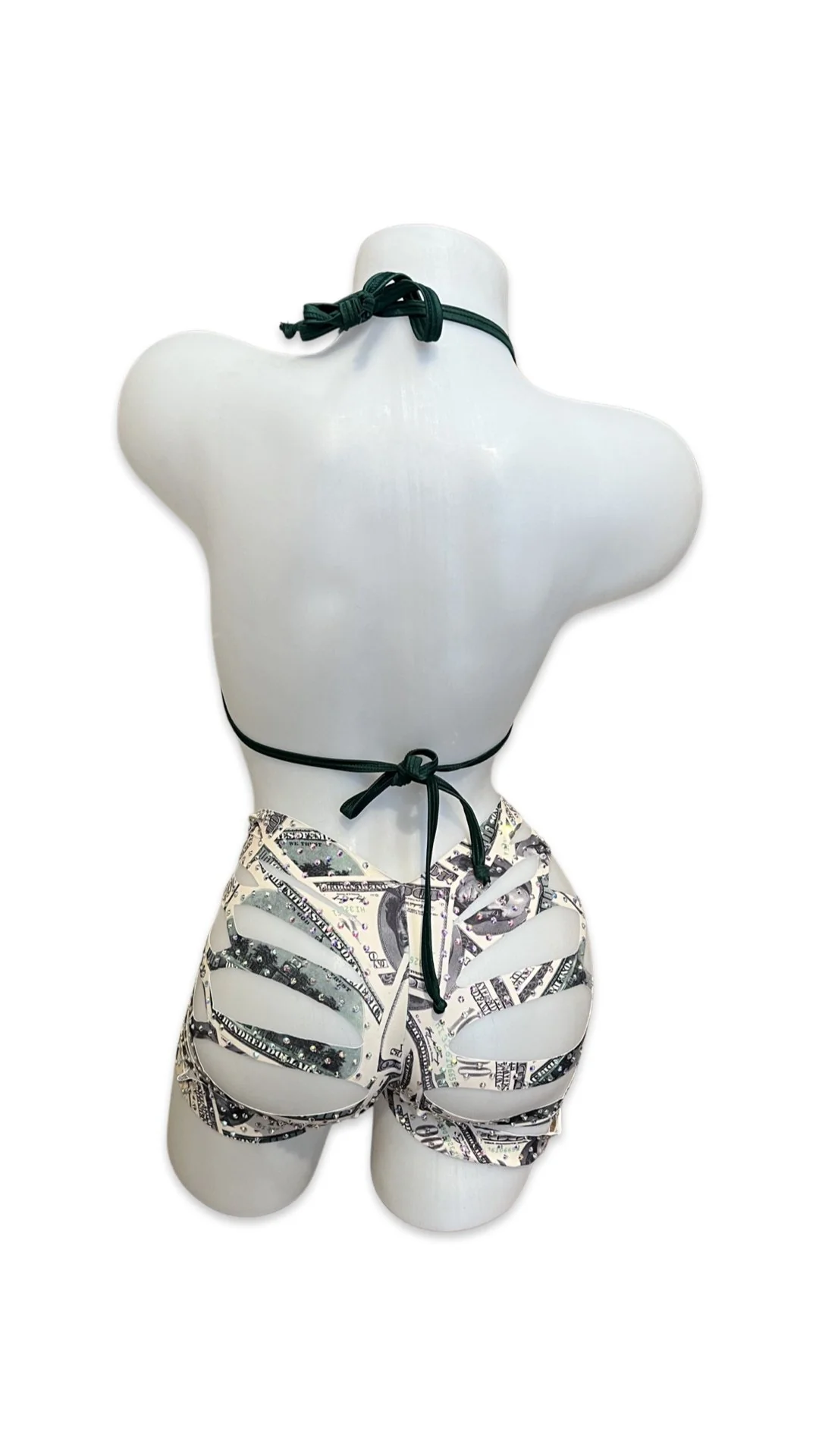 Rhinestone Triangle Top and Cut Out Shorts Set Money Print - Image 2