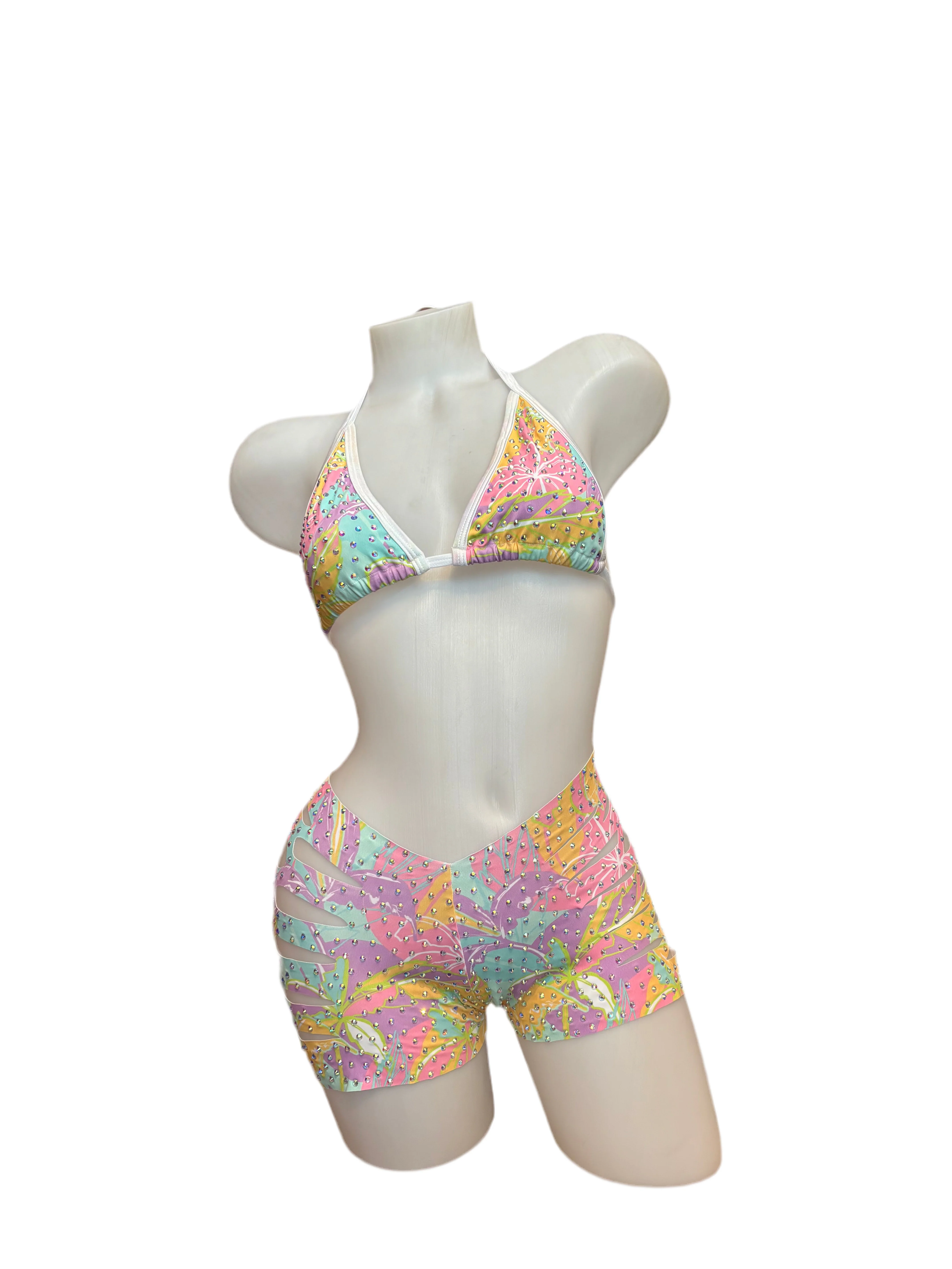 Rhinestone Triangle Top and Cut Out Short Set Pastel Hawaii