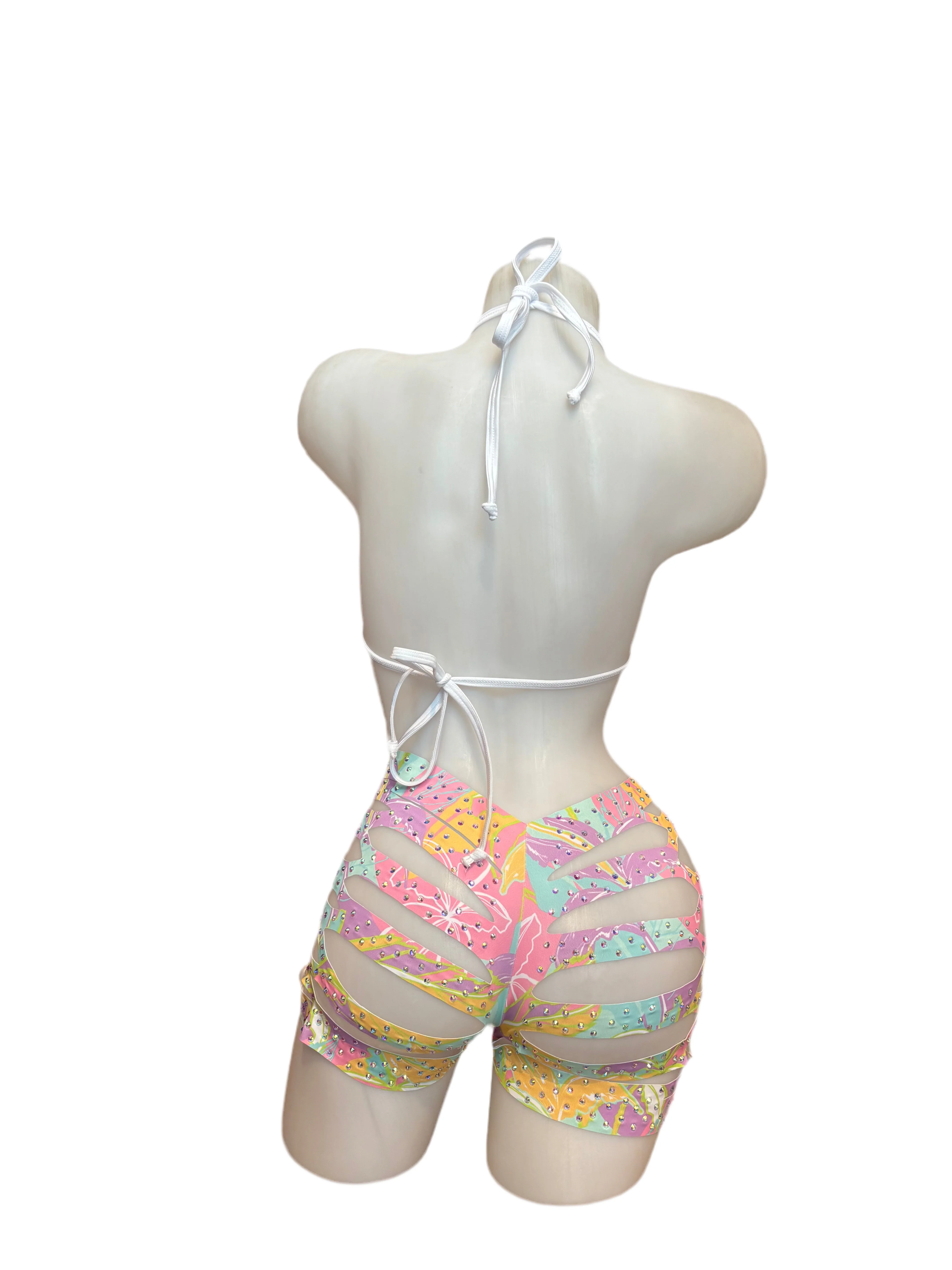 Rhinestone Triangle Top and Cut Out Short Set Pastel Hawaii - Image 2