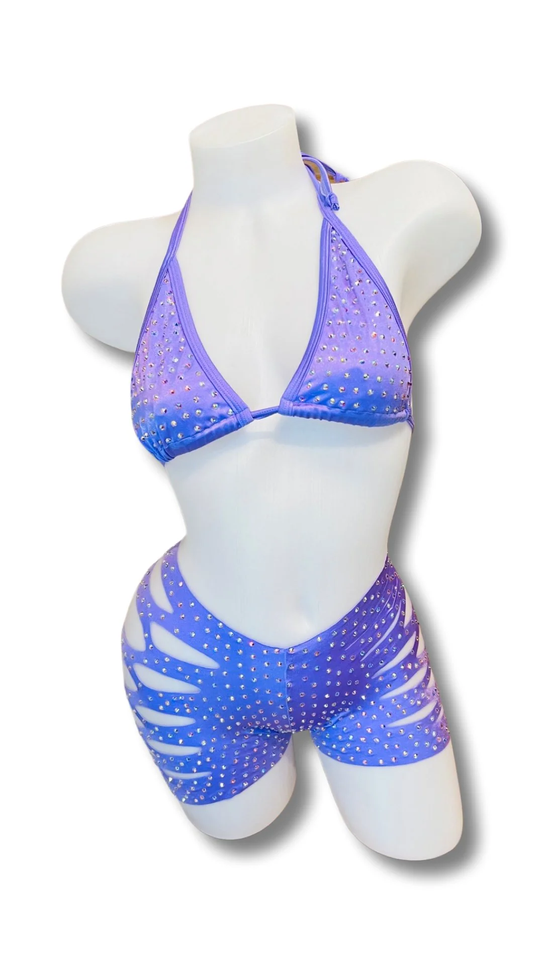 Rhinestone Triangle Top and Cut Out Short Set Lavender