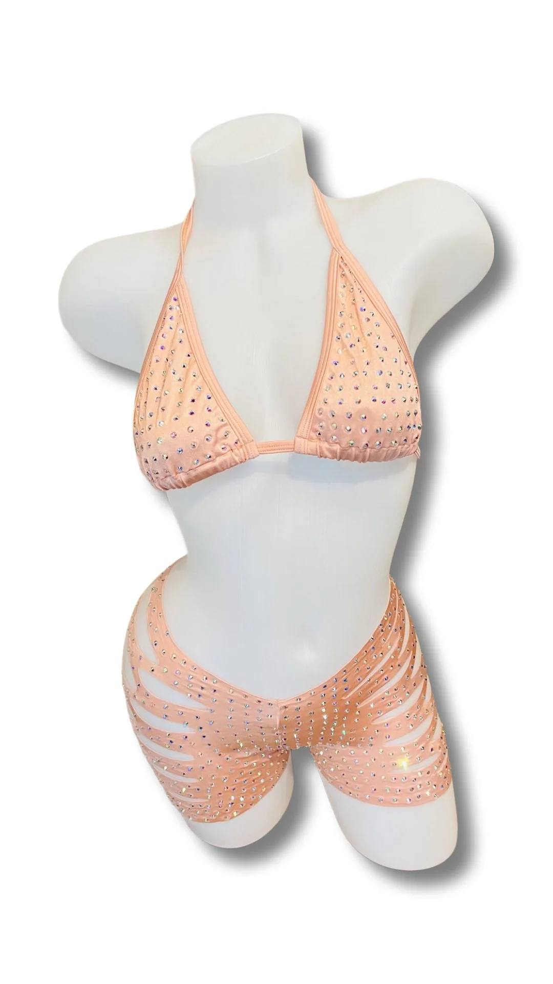 Rhinestone Triangle Top and Cut Out Short Set Rose PInk