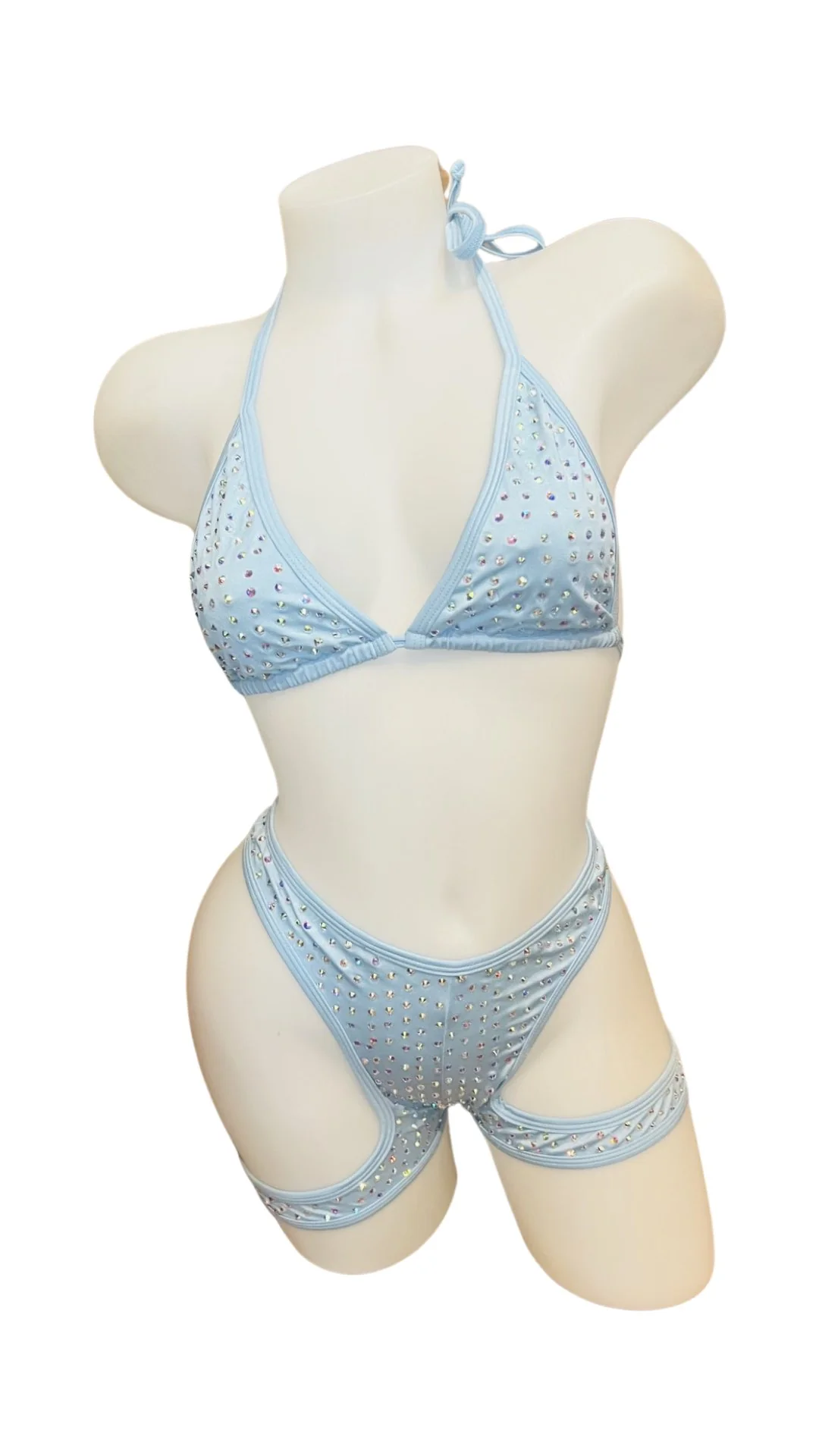 Rhinestone Triangle Top Booty Garter Shorts Baby Blue