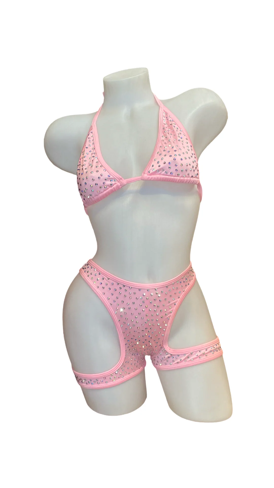 Rhinestone Triangle Top Booty Garter Shorts Baby Pink