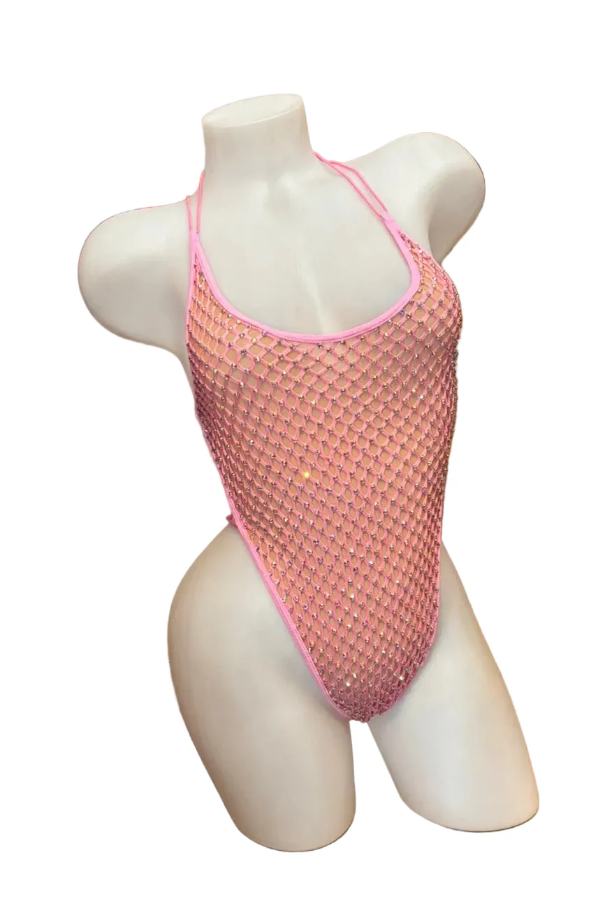 Rhinestone V Neck Bodysuit Baby Pink