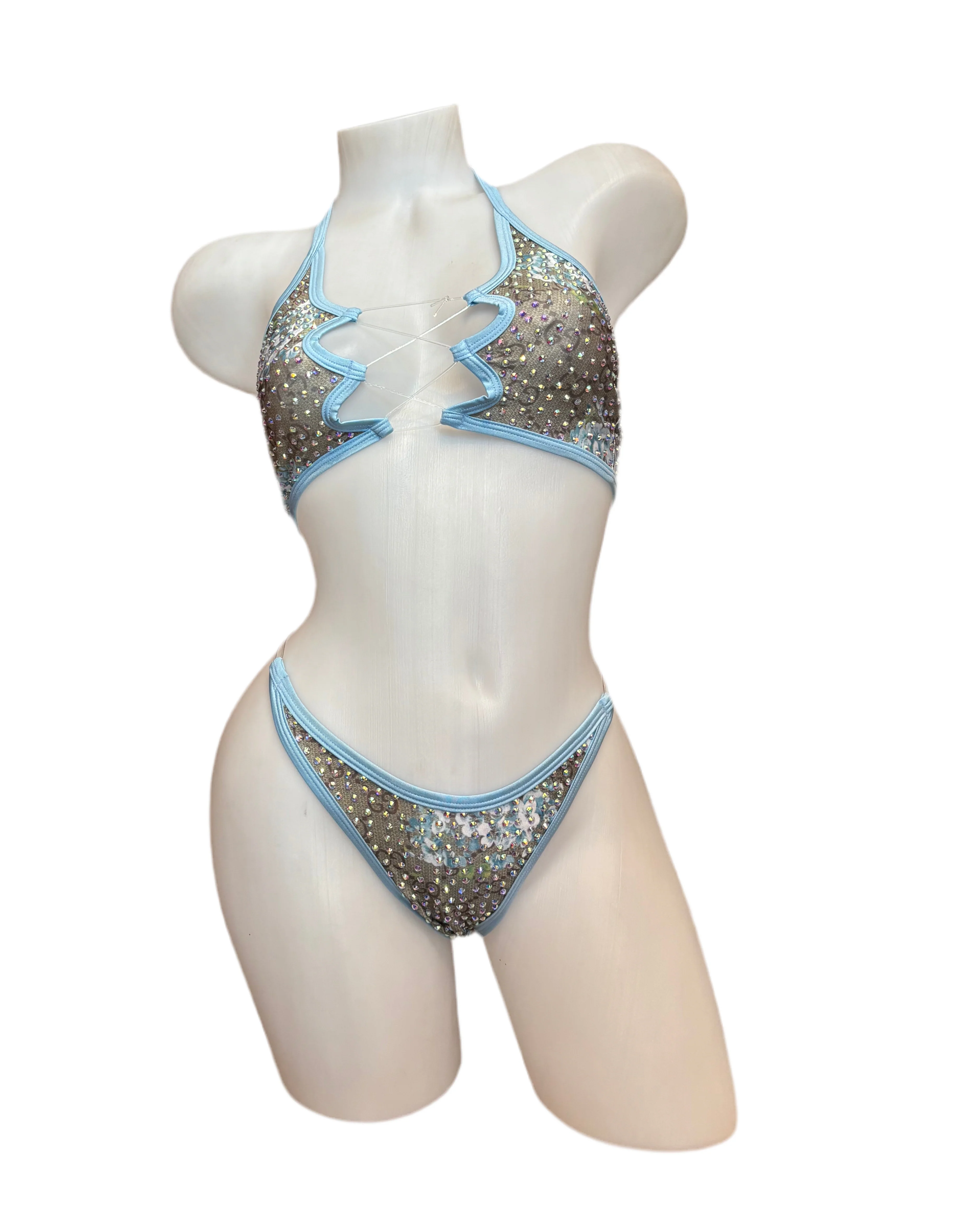 Rhinestone Zig Zag Halter and High Waisted Panty Design Blue