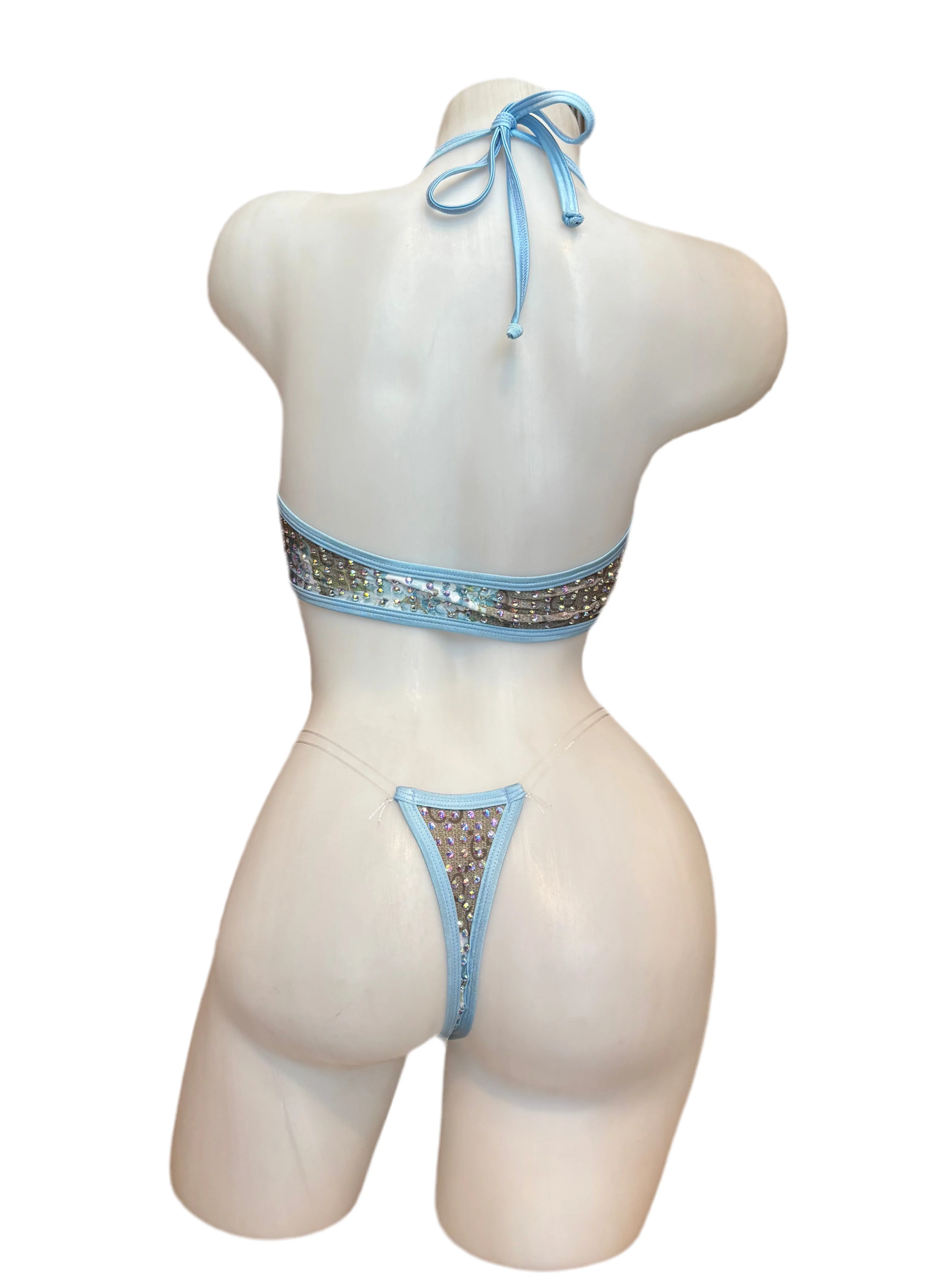 Rhinestone Zig Zag Halter and High Waisted Panty Design Blue - Image 2