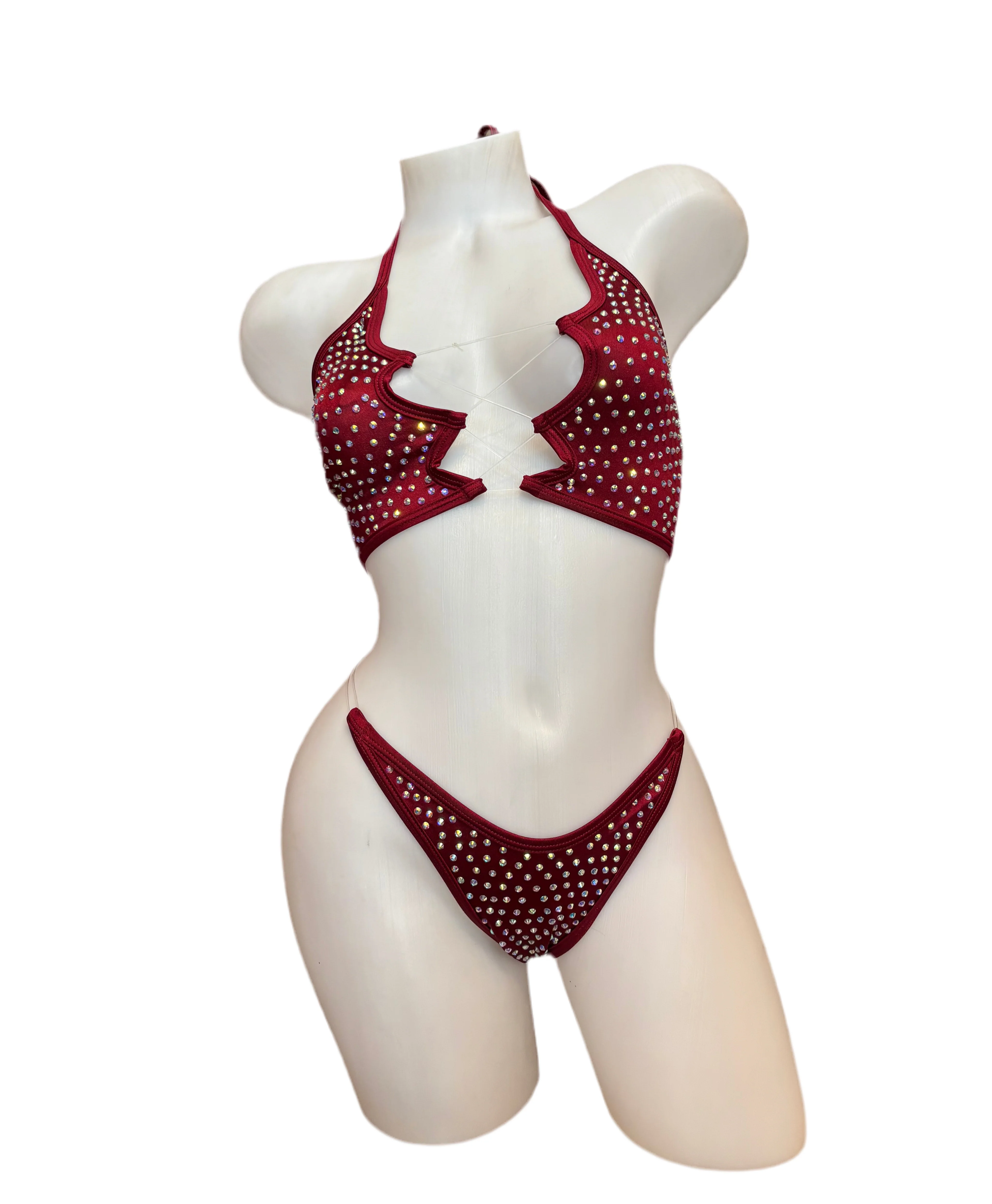 Rhinestone Zig Zag Halter and High Waisted Panty Burgundy