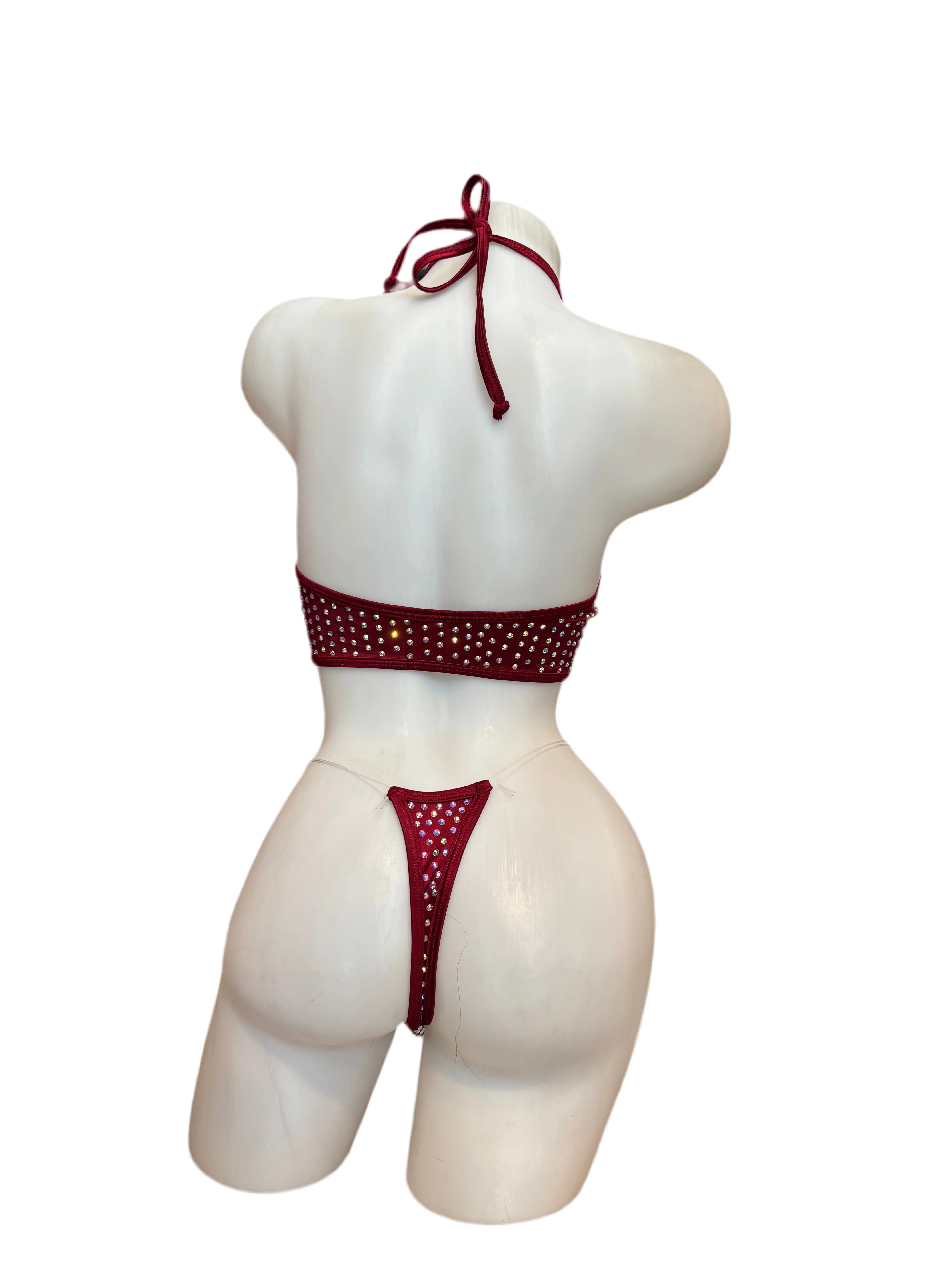 Rhinestone Zig Zag Halter and High Waisted Panty Burgundy - Image 2