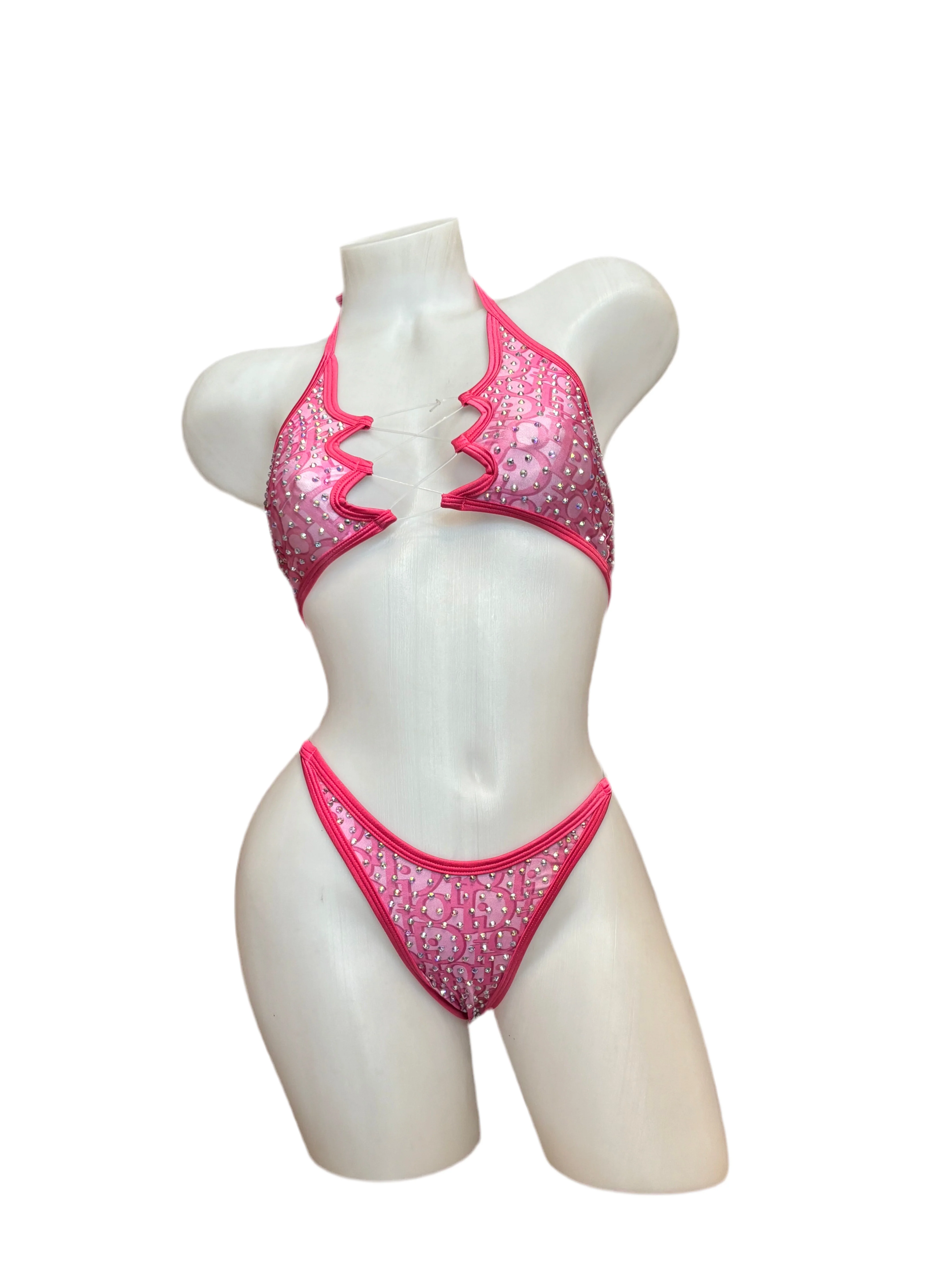 Rhinestone Zig Zag Halter and High Waisted Panty Design Pink