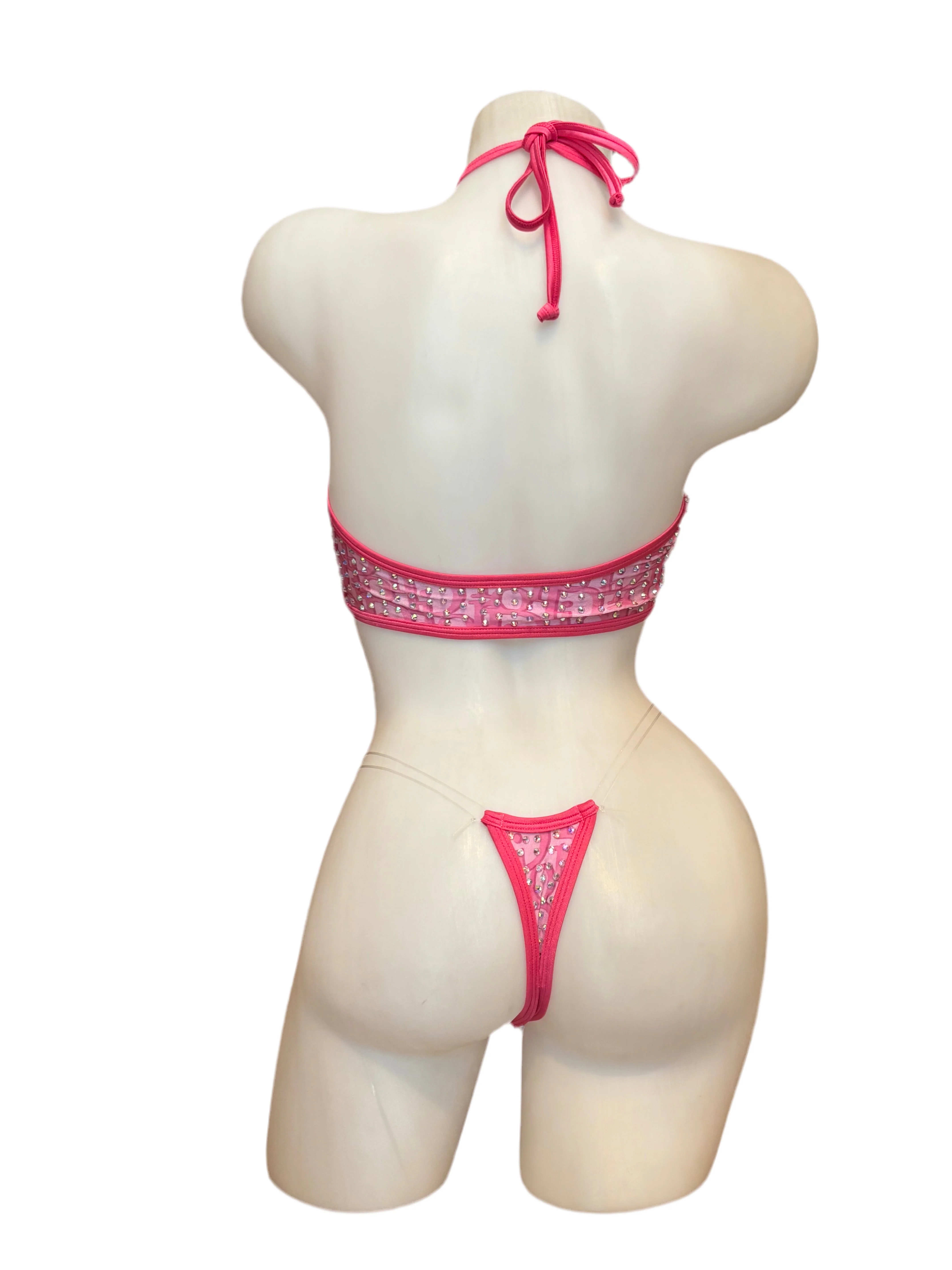 Rhinestone Zig Zag Halter and High Waisted Panty Design Pink - Image 2